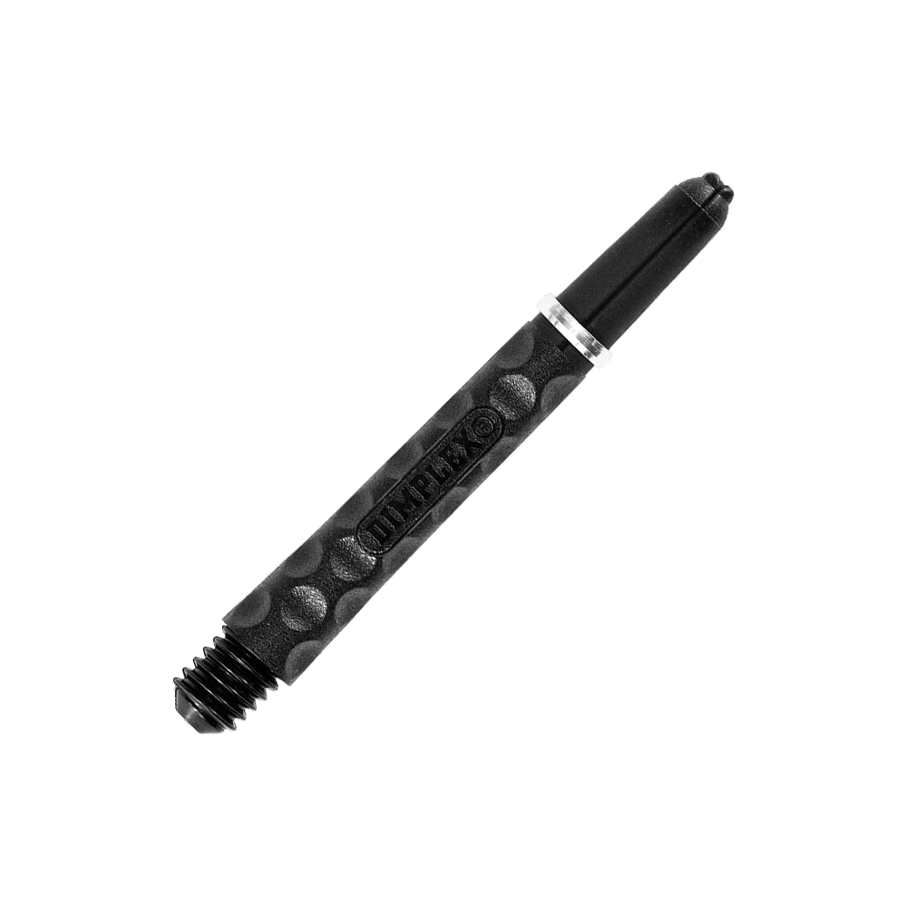 Harrows Dimplex Shafts - Schwarz Das Bild zeigt einen schwarzen Dartshaft mit einer strukturierten Oberfläche. Auf dem Schaft steht das Wort "DIMPLEX" und er ist etwa 41 mm lang.