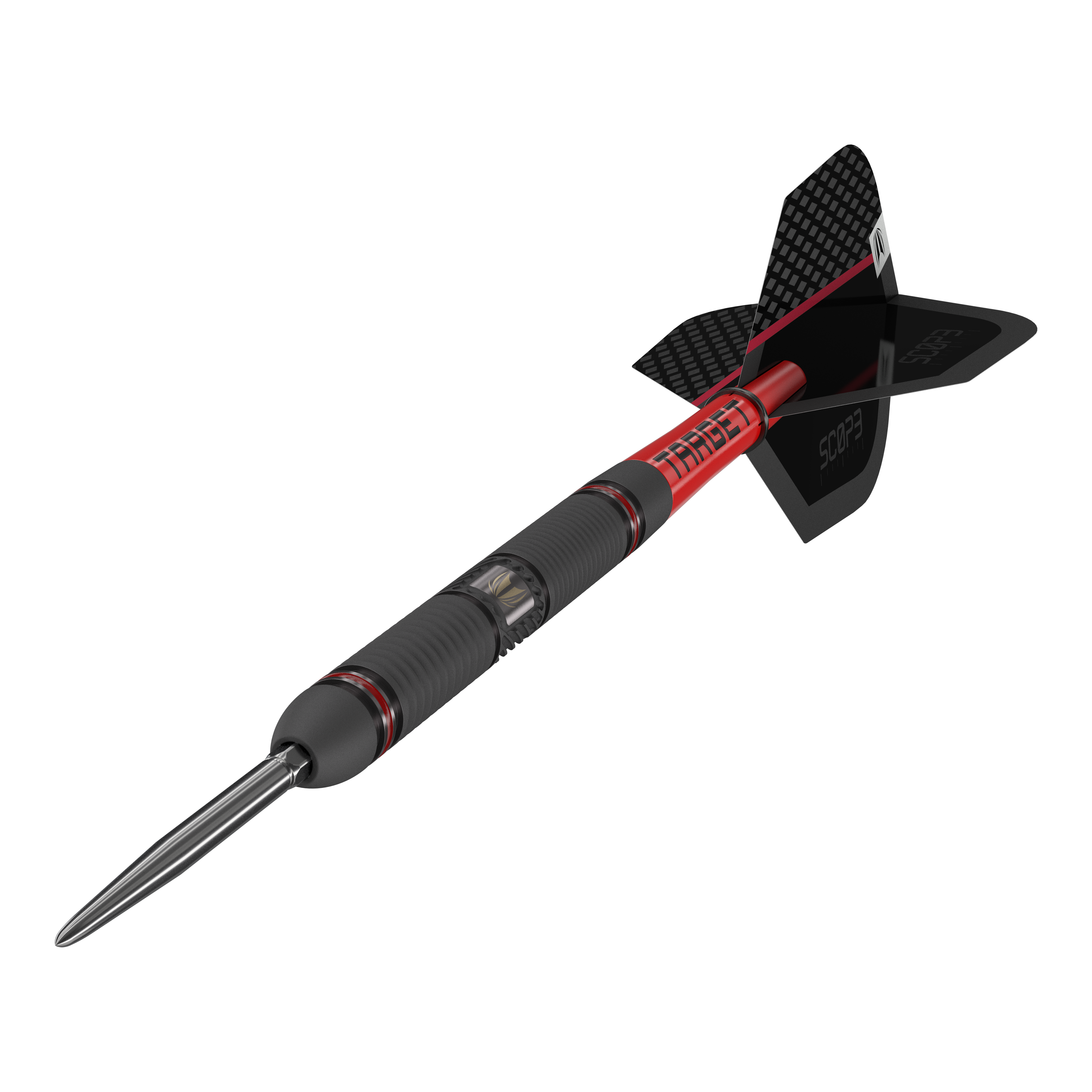 Target Scope 01 Swiss Point stalen darts Das Bild zeigt einen Target Scope 01 Swiss Point Steeldart. Der Dartpfeil hat ein modernes Design mit schwarzen und roten Akzenten sowie einer stabilen Metallspitze.