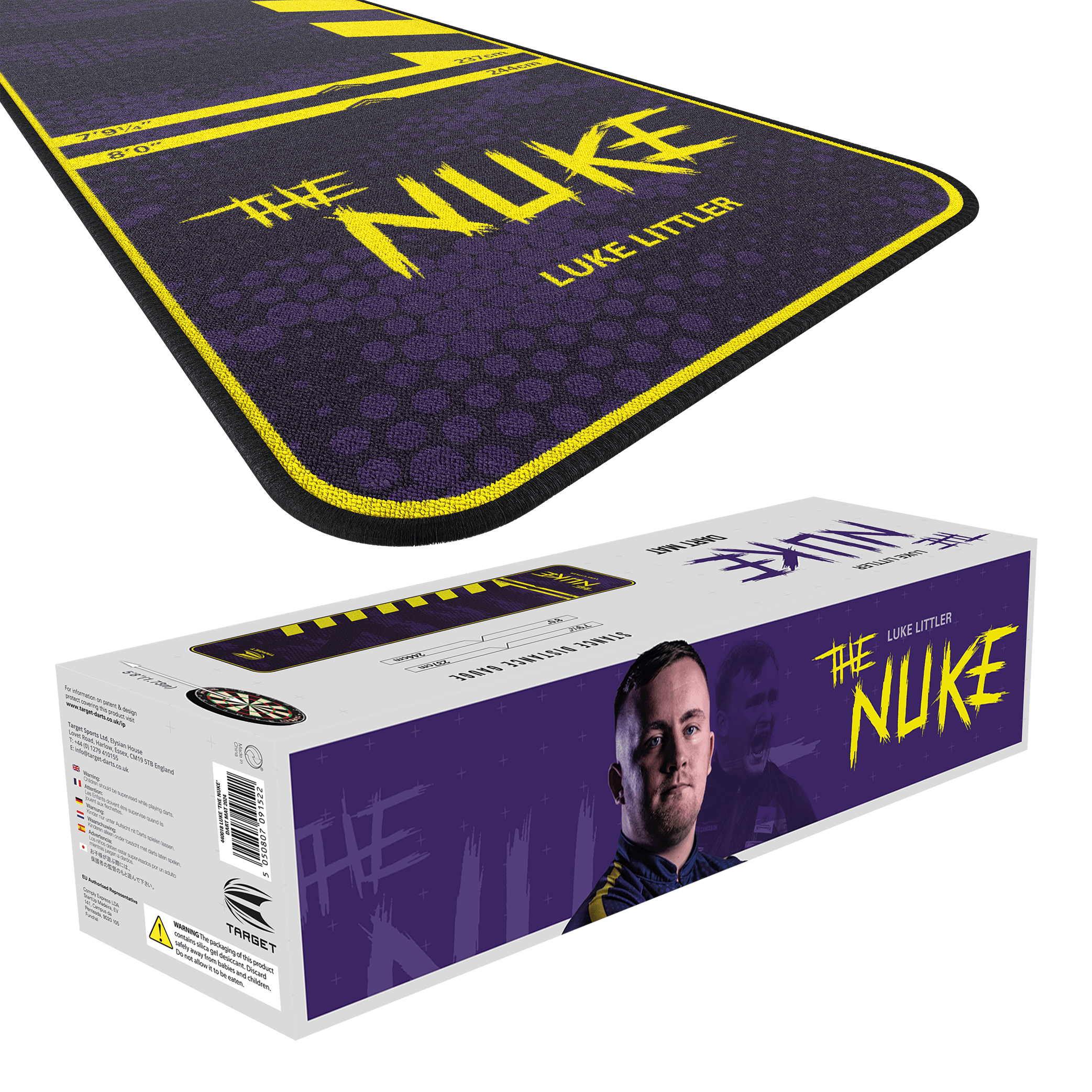 Target Luke Littler De Nuke dartmat Das Bild zeigt den "Target Luke Littler The Nuke Dartteppich" in lila Farbe mit gelben Akzenten. Auf der Verpackung ist ein Bild von Luke Littler sowie der Produktname zu sehen.