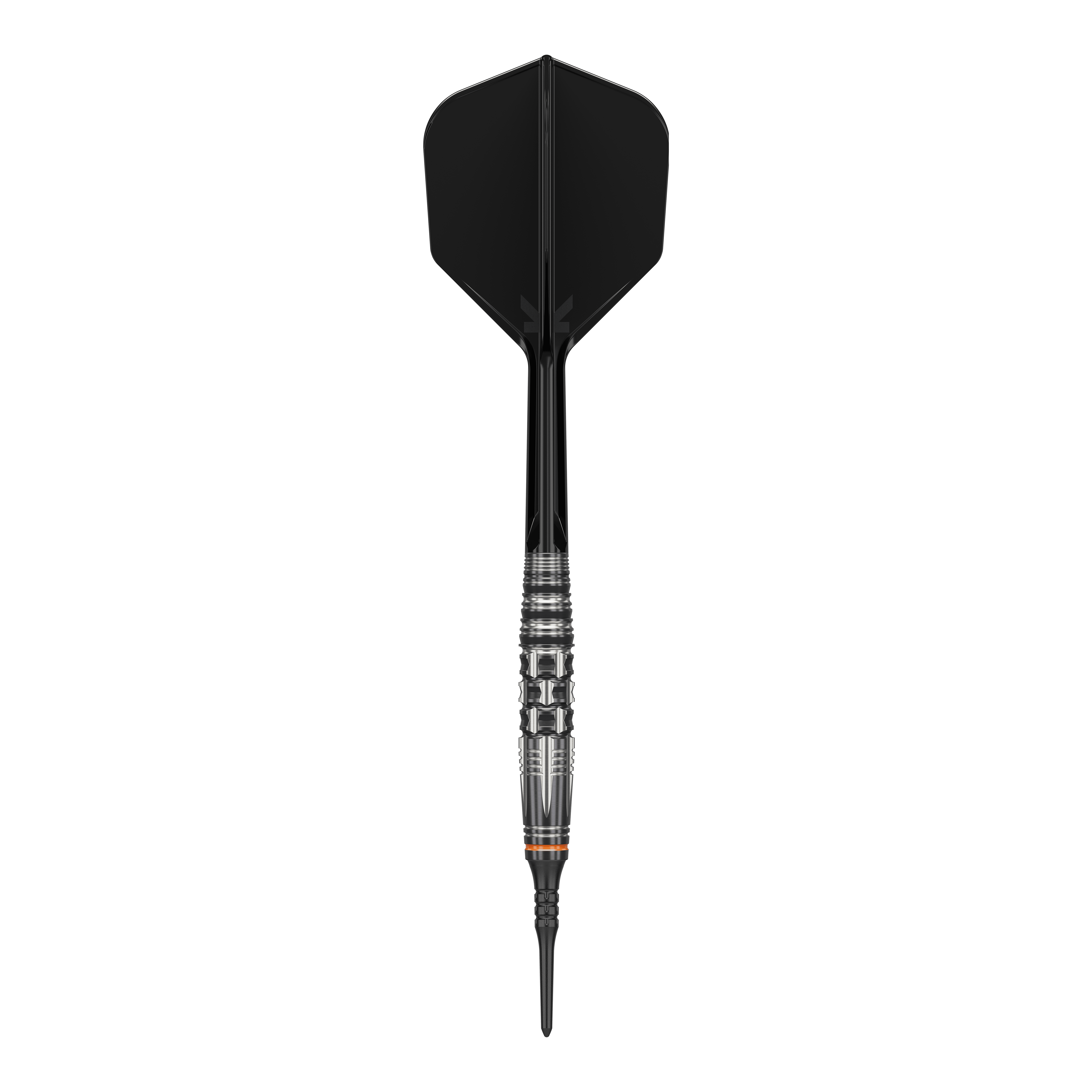 Das Bild zeigt einen Softdart mit schwarzer Spitze, Schaft und Flight. Es handelt sich um das Produkt "Target Japan Black Marque Dancing Duck GEN 4 Softdarts - 17g".