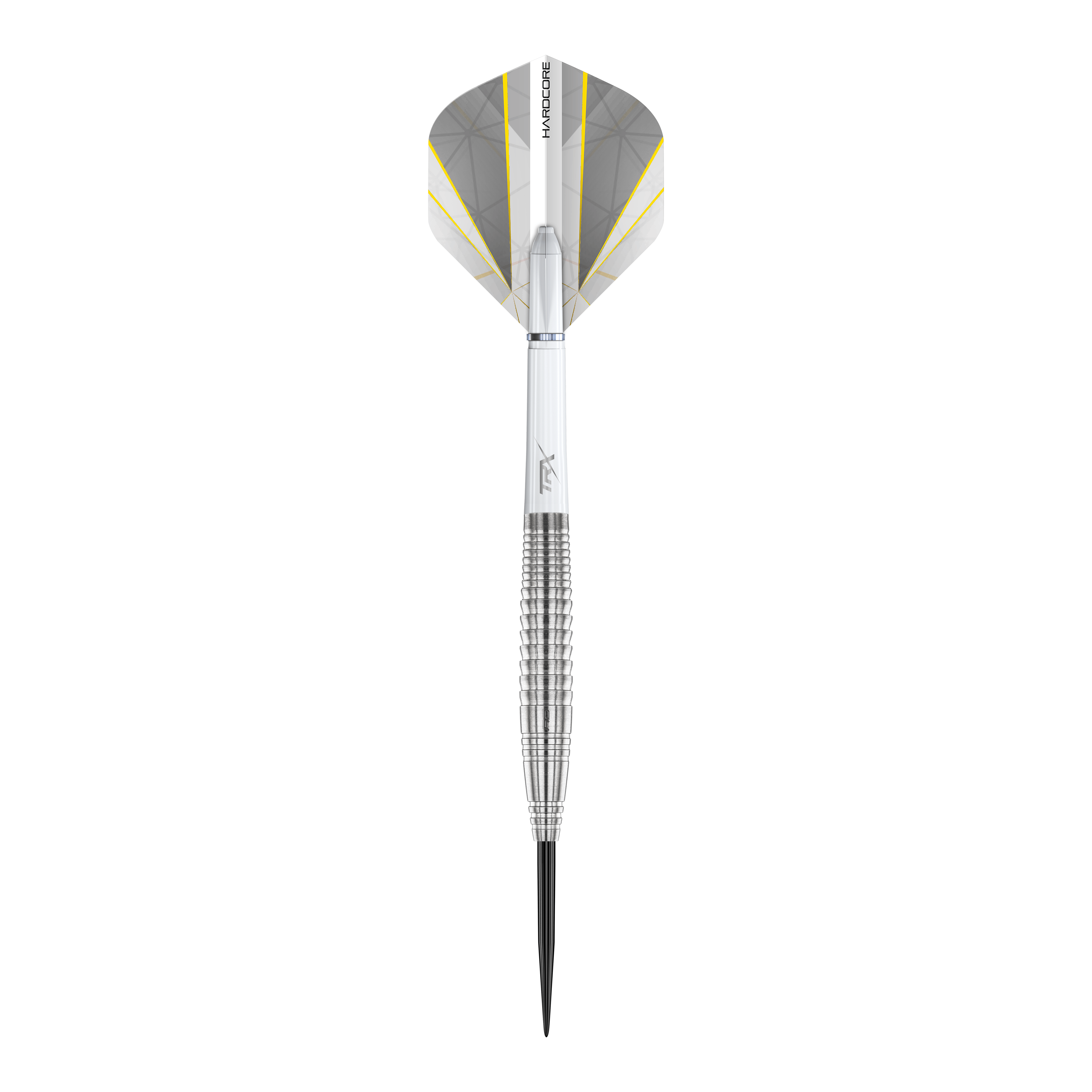 Red Dragon Seren 4 Pure Steeldarts Das Bild zeigt einen Red Dragon Seren 4 Pure Steeldart. Der Dartpfeil ist silberfarben mit einem geriffelten Griff und weißen, gelb-grauen Flights.