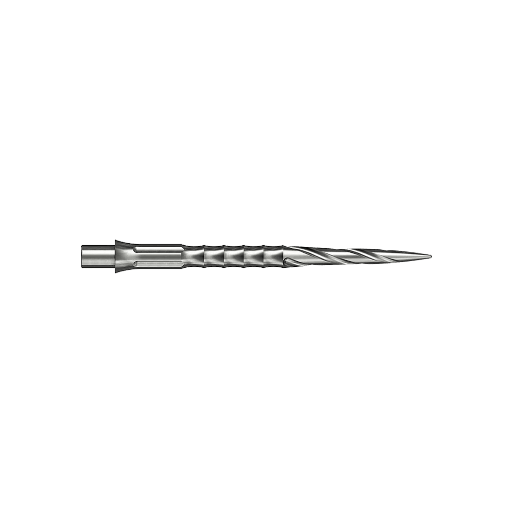 Caliburn System stalen dartpunten - Spiro - NoLip - zilver Zwei silberne Steeldartspitzen werden gezeigt. Sie sind 32 mm lang und gehören zum Spiro NoLip Design.