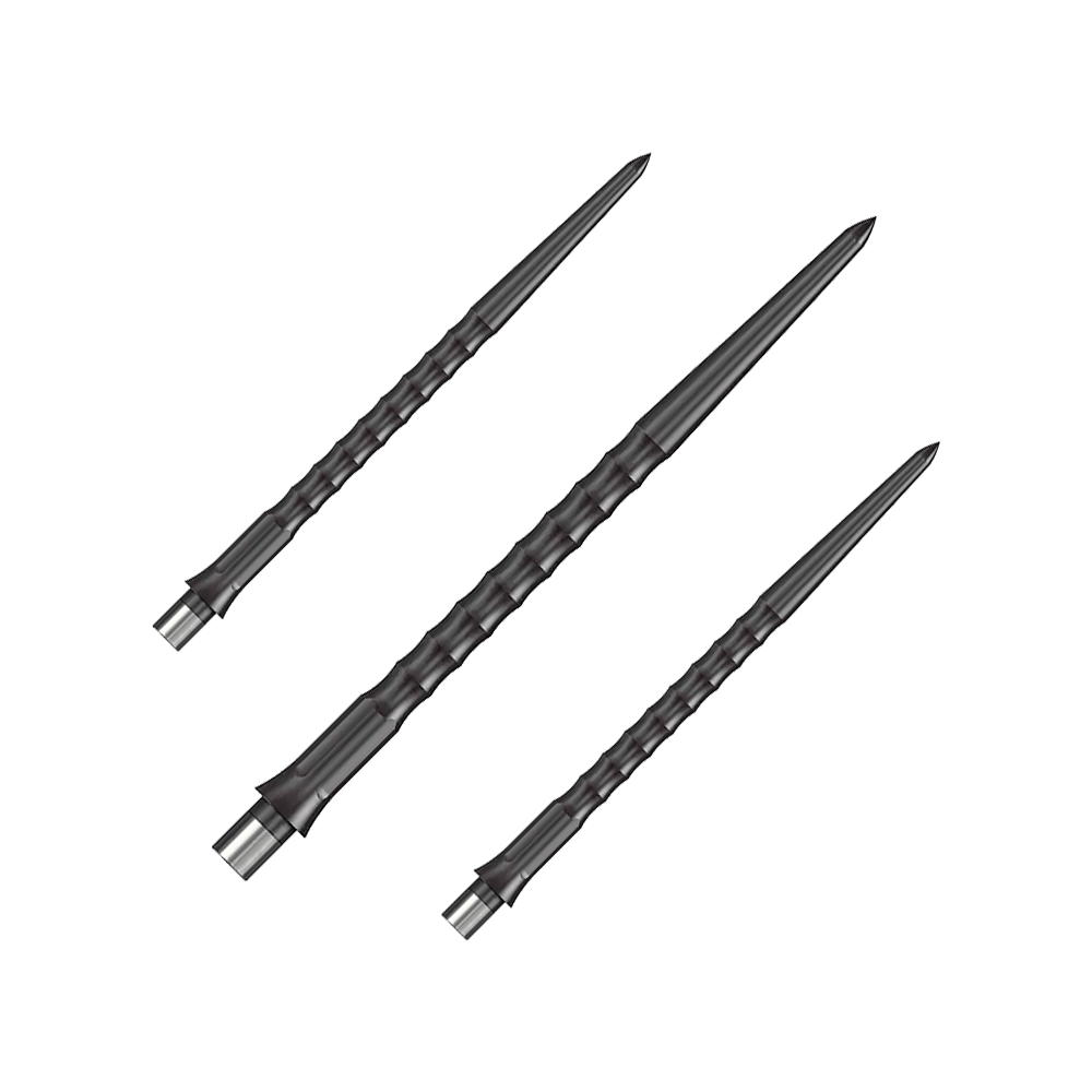Caliburn System Steeldart Tips - Ripple - NoLip - Zwart Das Foto zeigt ein Set schwarzer Caliburn Evo System Steeldartspitzen mit 40 mm Länge. Es sind mehrere Spitzen nebeneinander abgebildet.