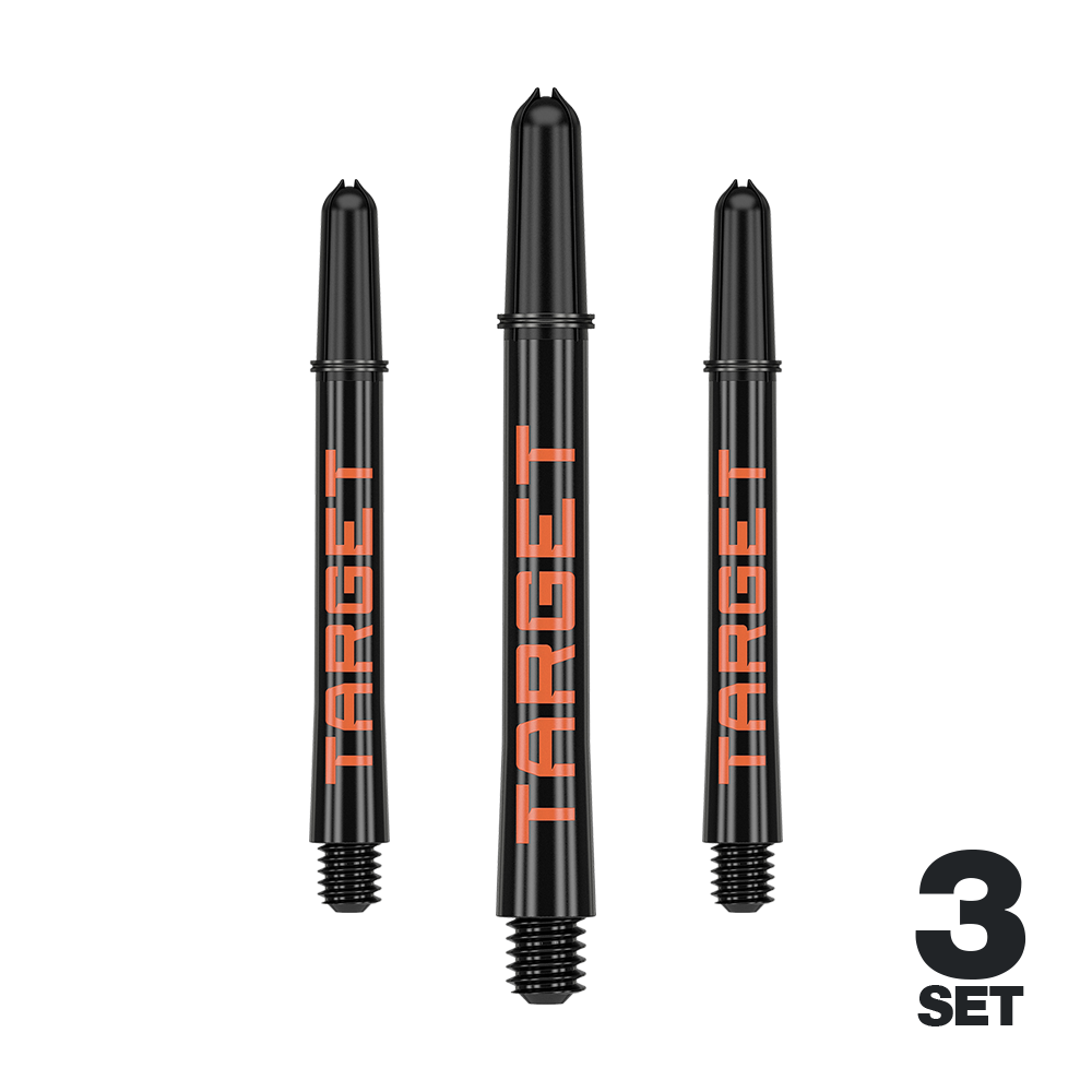 Target Pro Grip TAG Shafts - 3 sets - Zwart Oranje Das Bild zeigt drei schwarze Dartschäfte mit orangefarbener Aufschrift "TARGET". In der rechten unteren Ecke steht "3 SET".