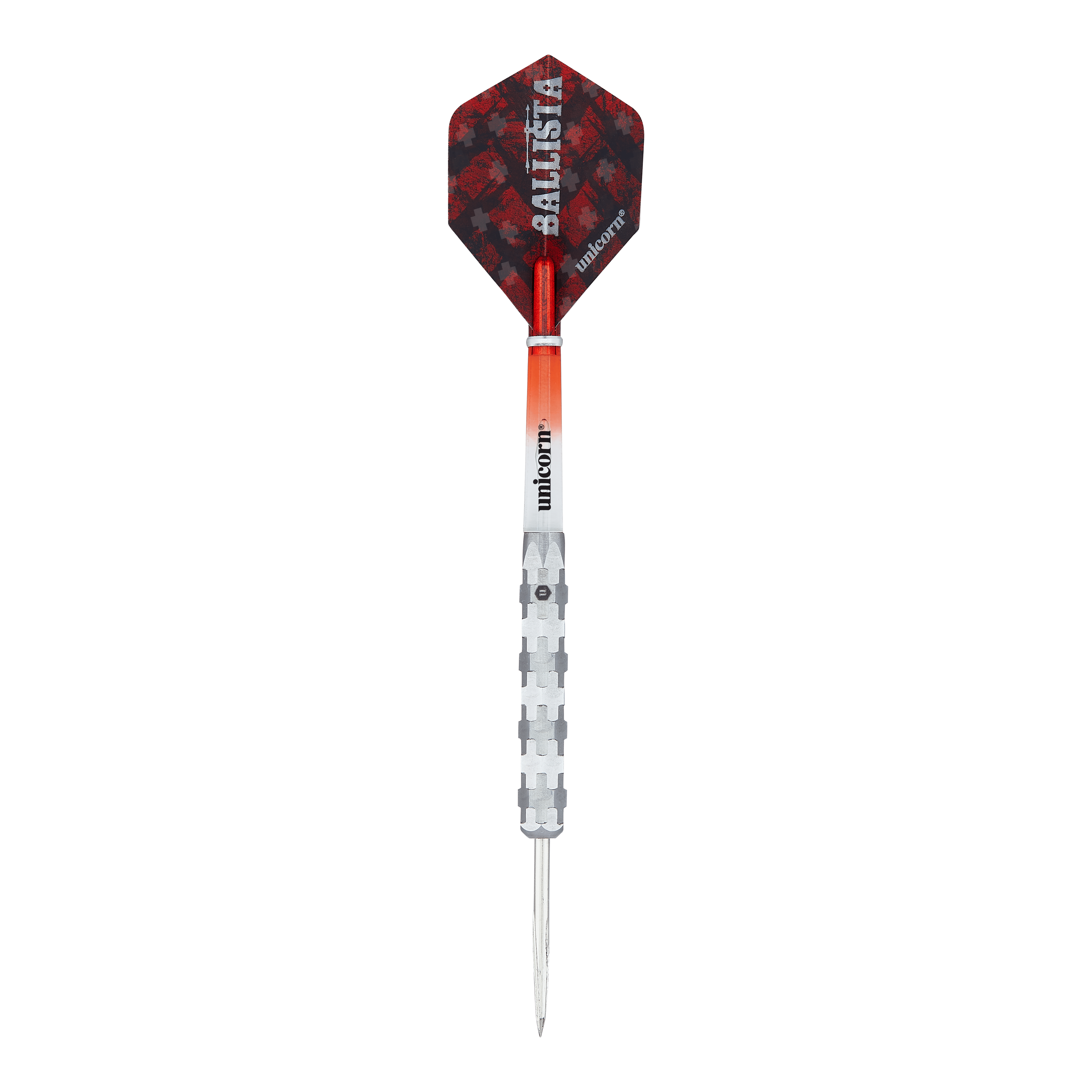 Unicorn Ballista Style 1 stalen darts Das Bild zeigt einen Steeldart mit der Aufschrift "Unicorn Ballista Style 1". Der Dart hat einen silbernen Schaft, einen rot-schwarzen Flight und eine spitze Metallspitze.