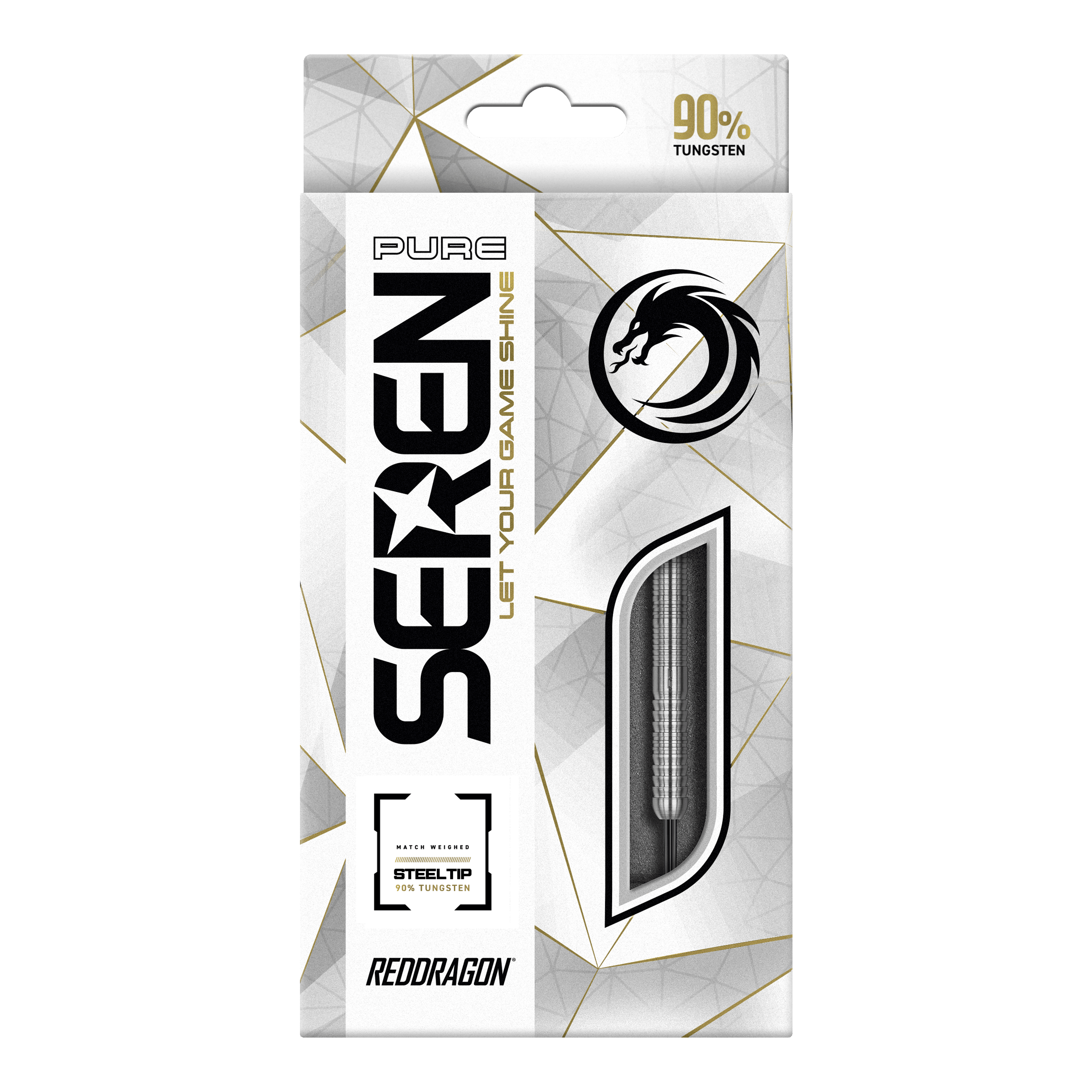 Red Dragon Seren 1 Pure Steeldarts Die Verpackung zeigt das Produkt "Red Dragon Seren 1 Pure Steeldarts". Auf der Vorderseite wird hervorgehoben, dass die Darts aus 90% Tungsten bestehen.