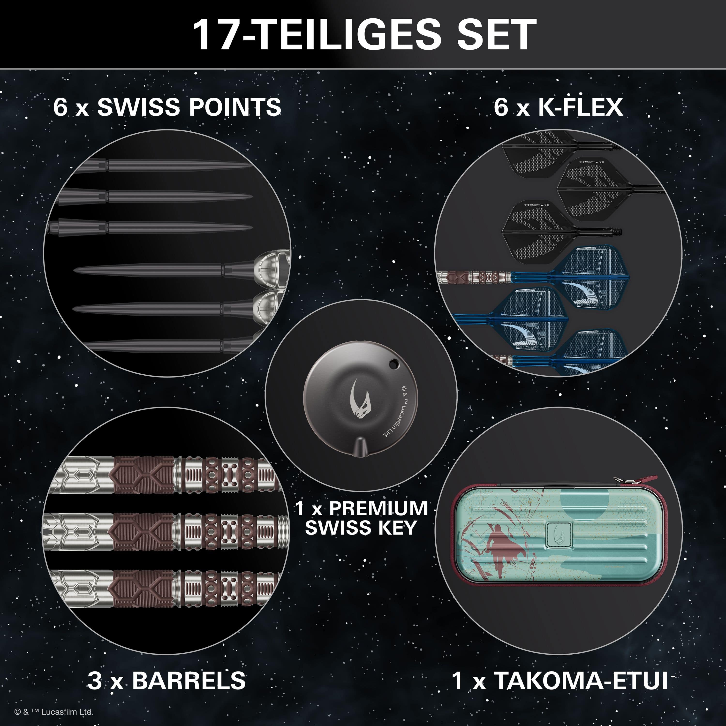 Target Star Wars Mandalorian 95 Swiss Point stalen dartpijlen Abgebildet sind die Target Star Wars Mandalorian 95 Swiss Point Steeldarts. Sie sind speziell für Fans von Star Wars und Mandalorian entwickelt.