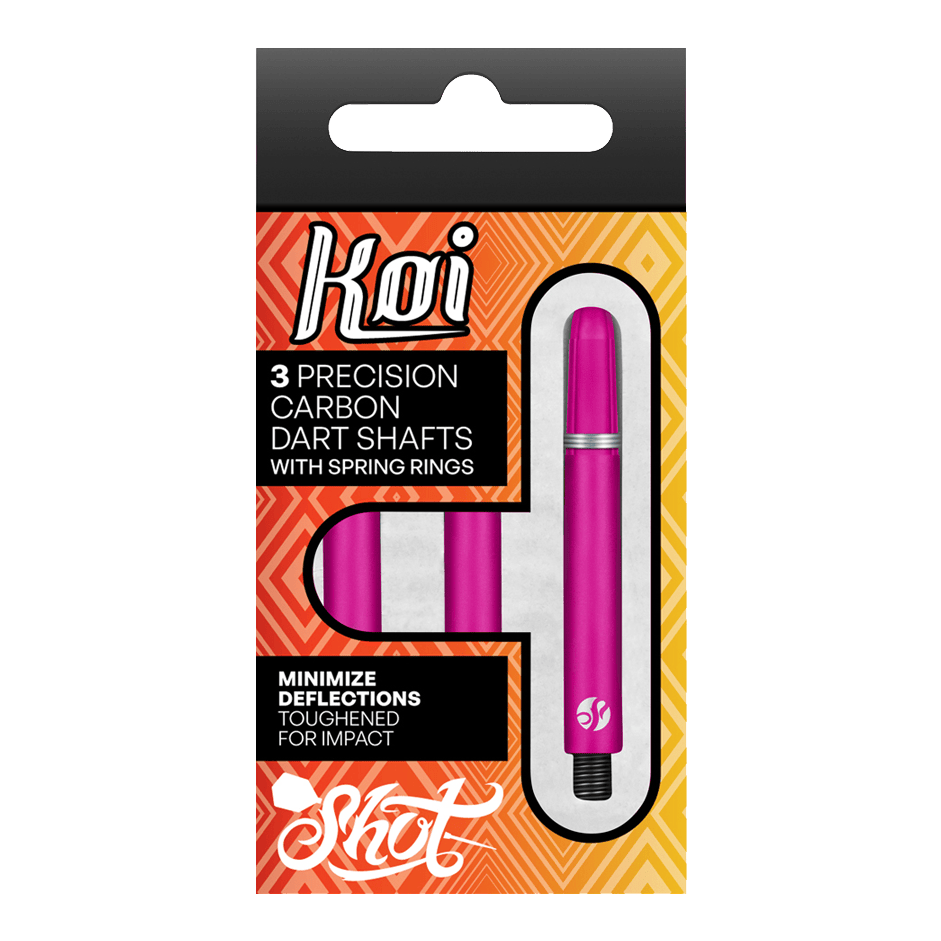 Shot Koi Carbon Shafts - Roze Auf dem Bild ist eine Verpackung mit drei pinkfarbenen Präzisions-Carbon-Dartschäften zu sehen. Die Schäfte sind für minimale Ablenkungen und erhöhte Schlagfestigkeit ausgelegt.