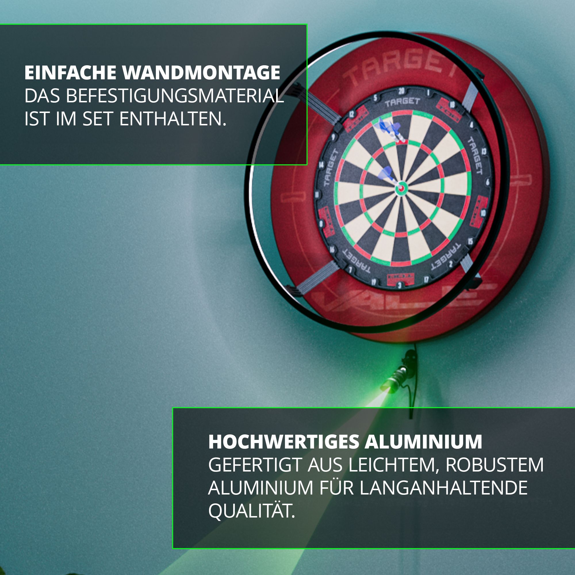 Target MOD Laser Oak Das Bild zeigt eine Dartscheibe mit dem Target MOD Laser Oche an der Wand montiert. Es wird auf die einfache Wandmontage und das hochwertige Aluminium des Produkts hingewiesen.