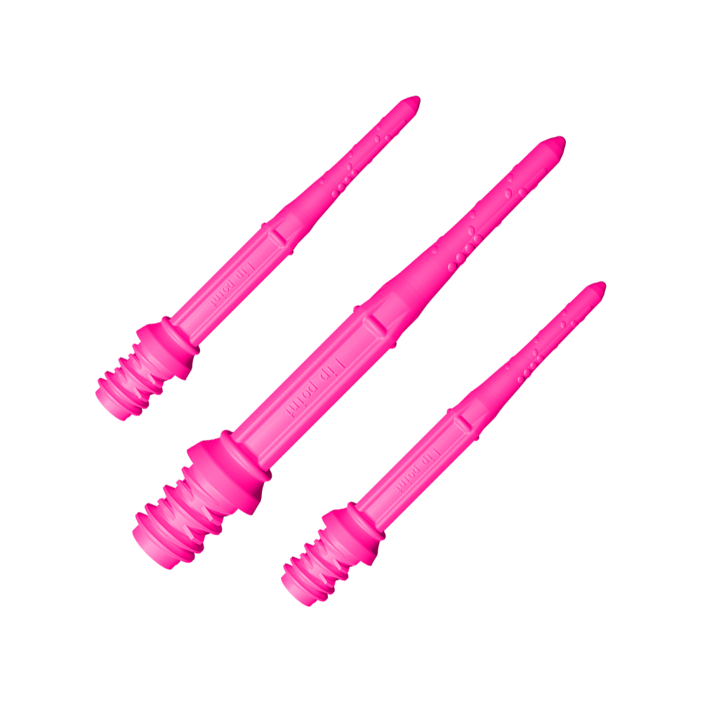LIP_L-Style_Premium_Lippoints_30_Softdartspitzen_30erPack_NeonPink_1 Das Bild zeigt drei pinke Dartspitzen des Produkts "L-Style Premium Lippoints 30 (30er Pack) - 30mm". Sie sind länglich und haben eine strukturierte Oberfläche.