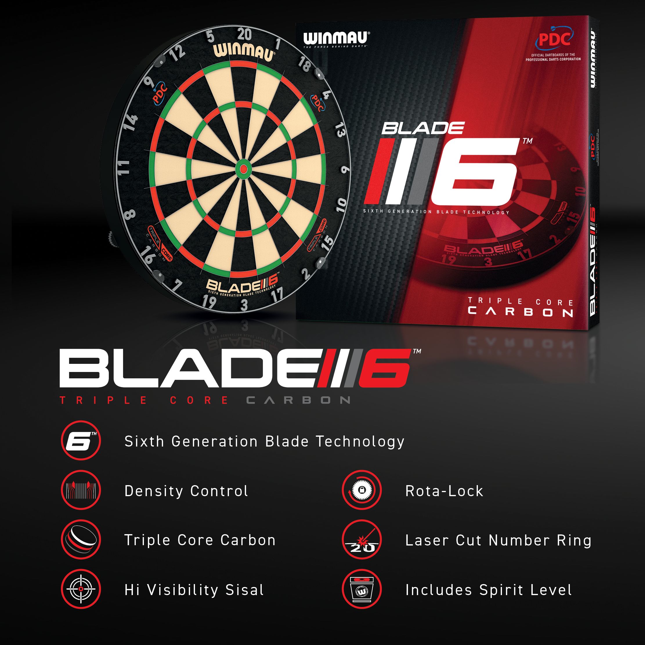 Winmau Blade 6 Triple Core Set met PDC Surround en 2 sets darts Dargestellt ist das Winmau Blade 6 Triple Core Set mit PDC Surround und 2 Sets Darts. Das Set bietet alles für einen gelungenen Dartsabend Zuhause.