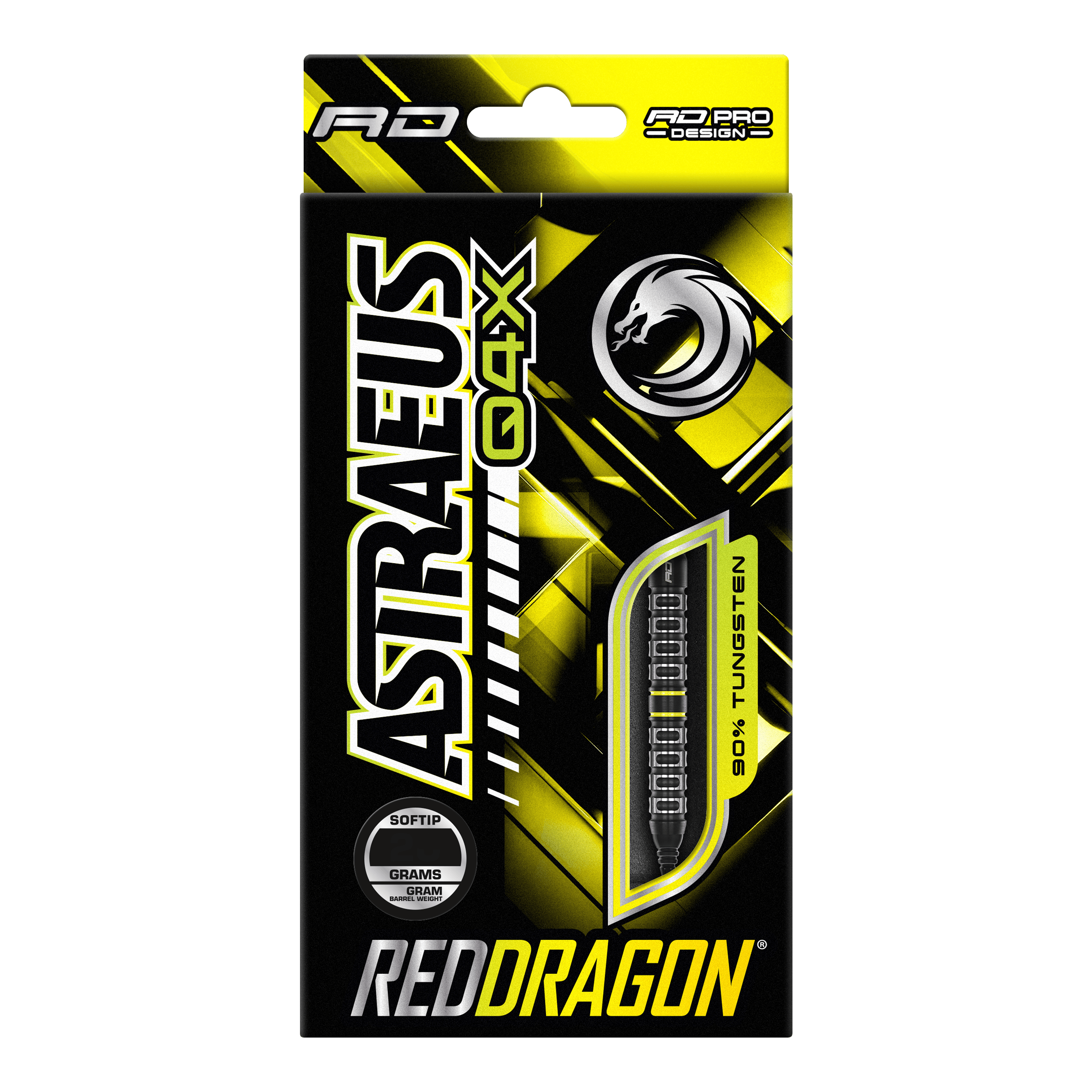 Red Dragon Astraeus Q4X Parallelle Softdarts - 20g Die Verpackung zeigt die Softdarts "Red Dragon Astraeus Q4X Parallel" mit einem Gewicht von 20 Gramm. Das Design ist hauptsächlich in Schwarz und Gelb gehalten und hebt hervor, dass die Darts zu 90% aus Tungsten bestehen.
