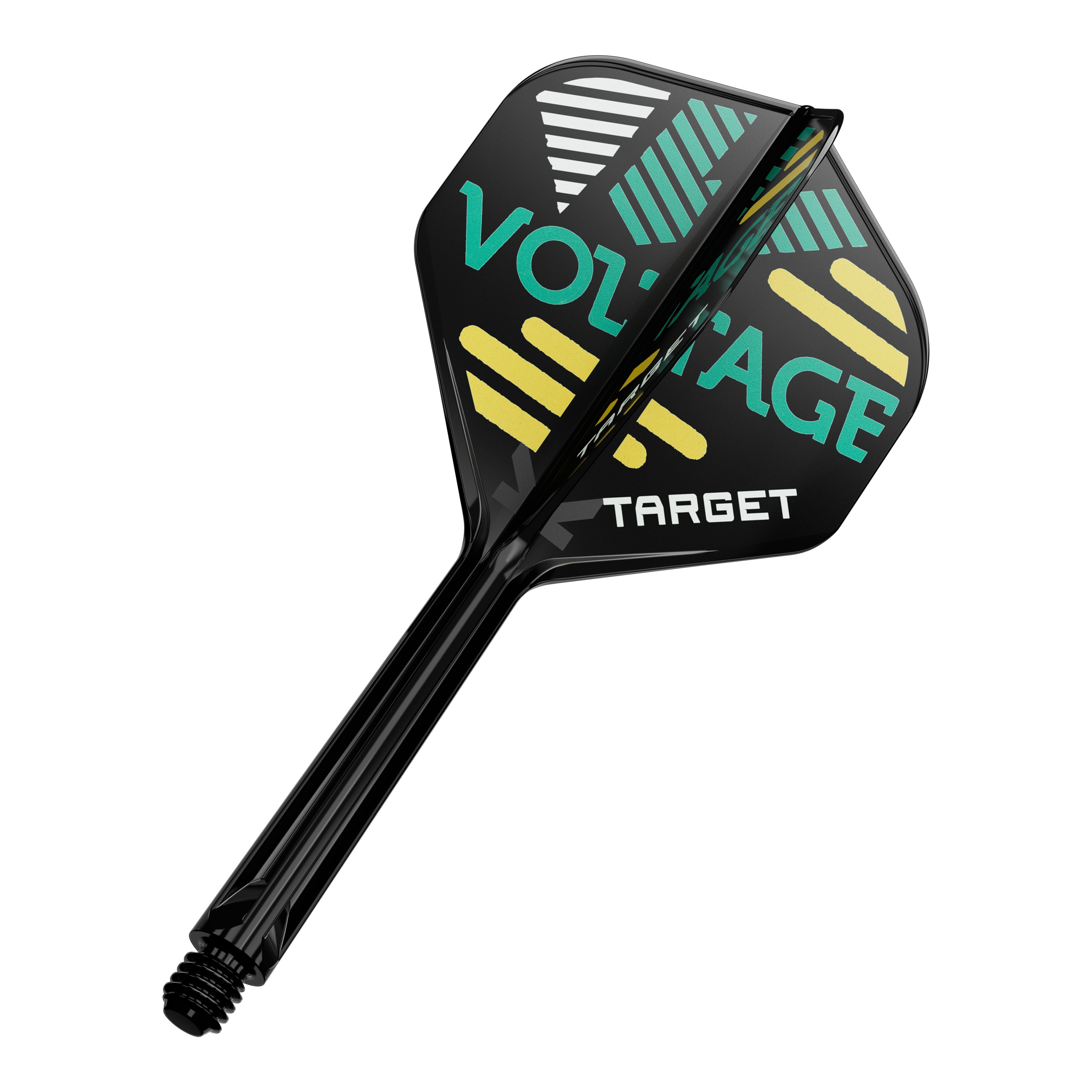 Dieses Bild zeigt eine schwarze Dartflügel- und Schaftkombination. Auf dem Dartflügel stehen die Wörter "VOLTAGE" und "TARGET" in bunten Farben.
