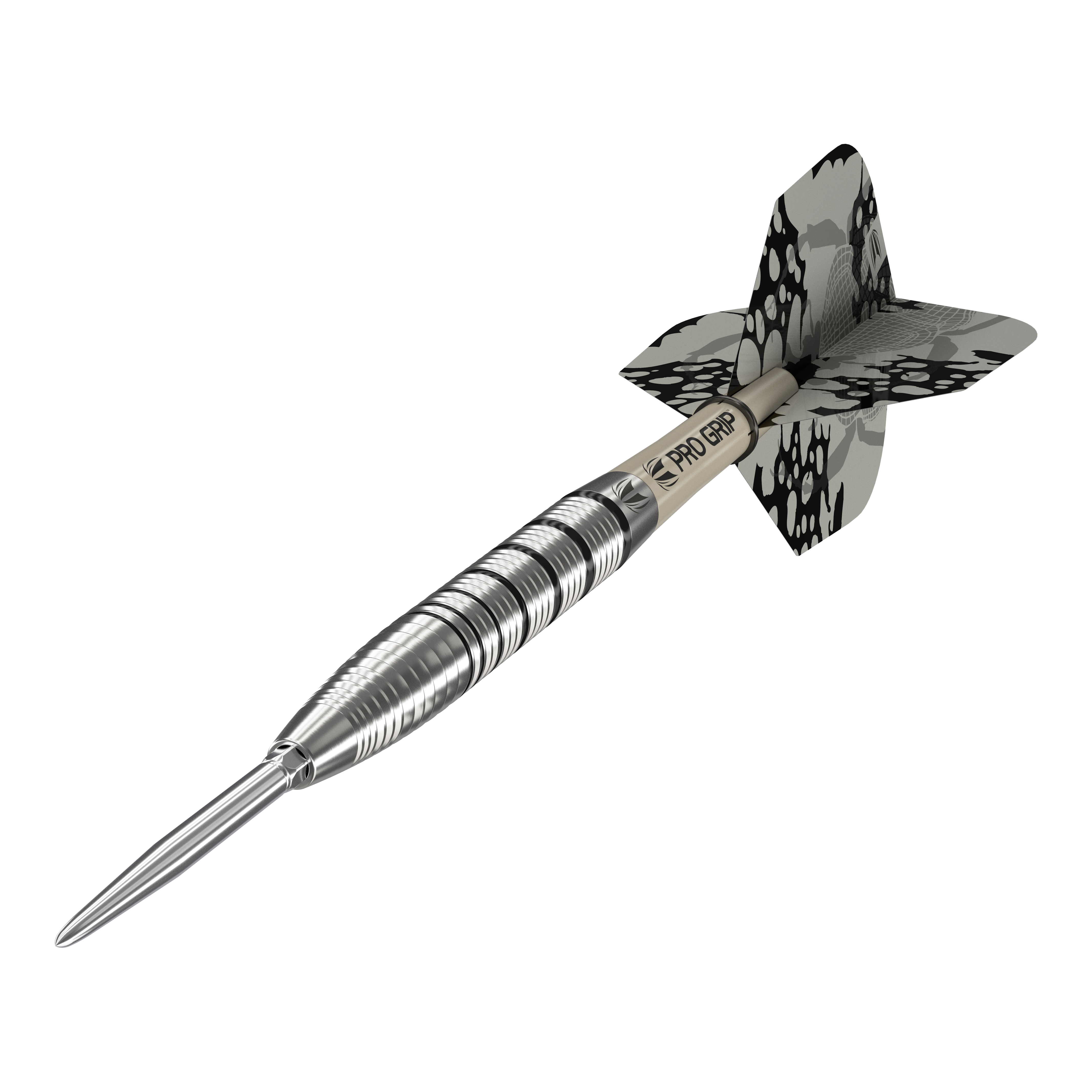 Target EXO SP02 Swiss Point stalen dartpijlen Das Bild zeigt den Target EXO SP02 Swiss Point Steeldart. Der Dart hat ein silbernes Griffstück mit schwarzen Akzenten und eine schwarz-gemusterte Flight.