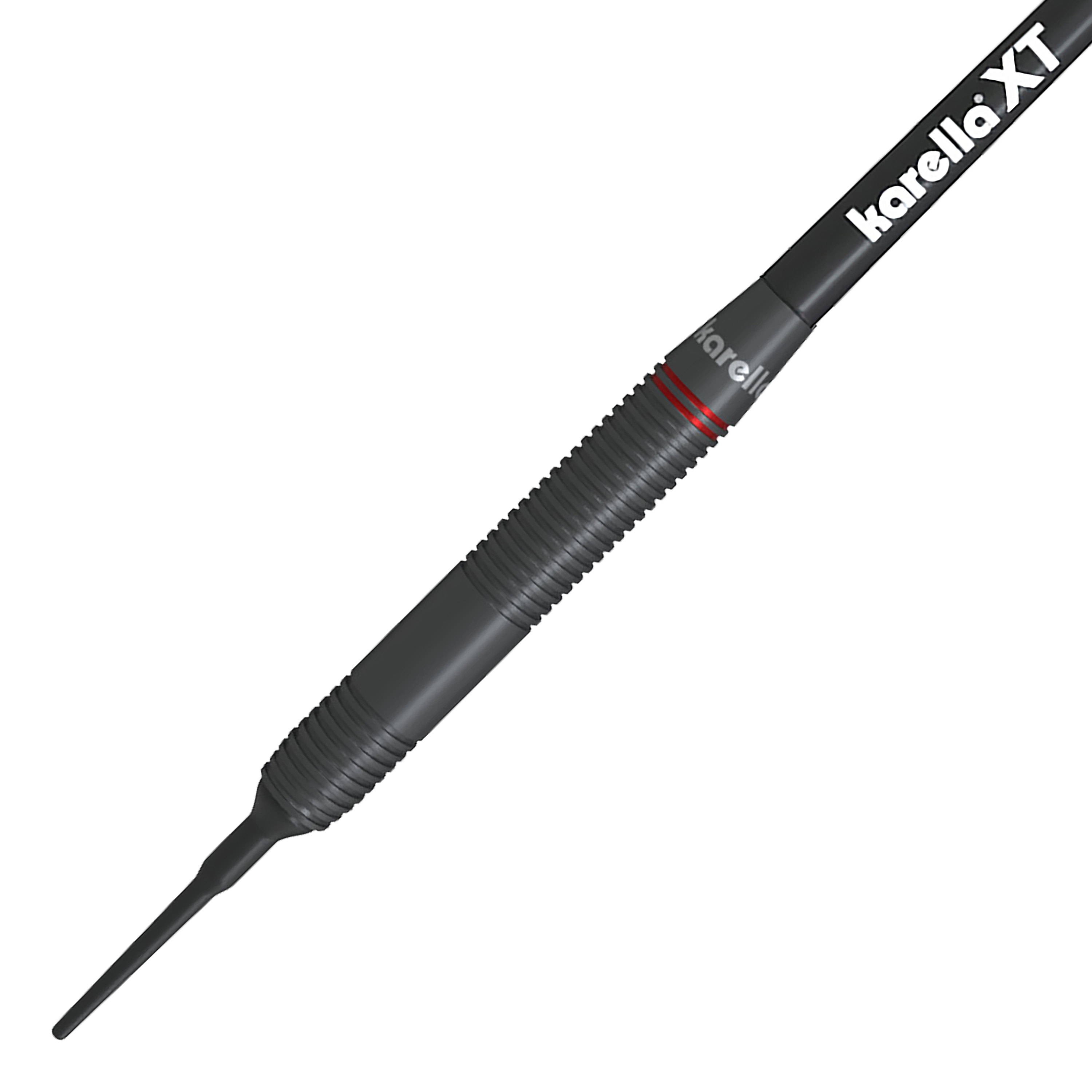 Karella Daniel Klose zachte pijltjes Das Bild zeigt einen Karella Daniel Klose Softdartpfeil. Der Dart ist hauptsächlich schwarz mit feinen Rillen und einem weißen "karella XT" Schriftzug.