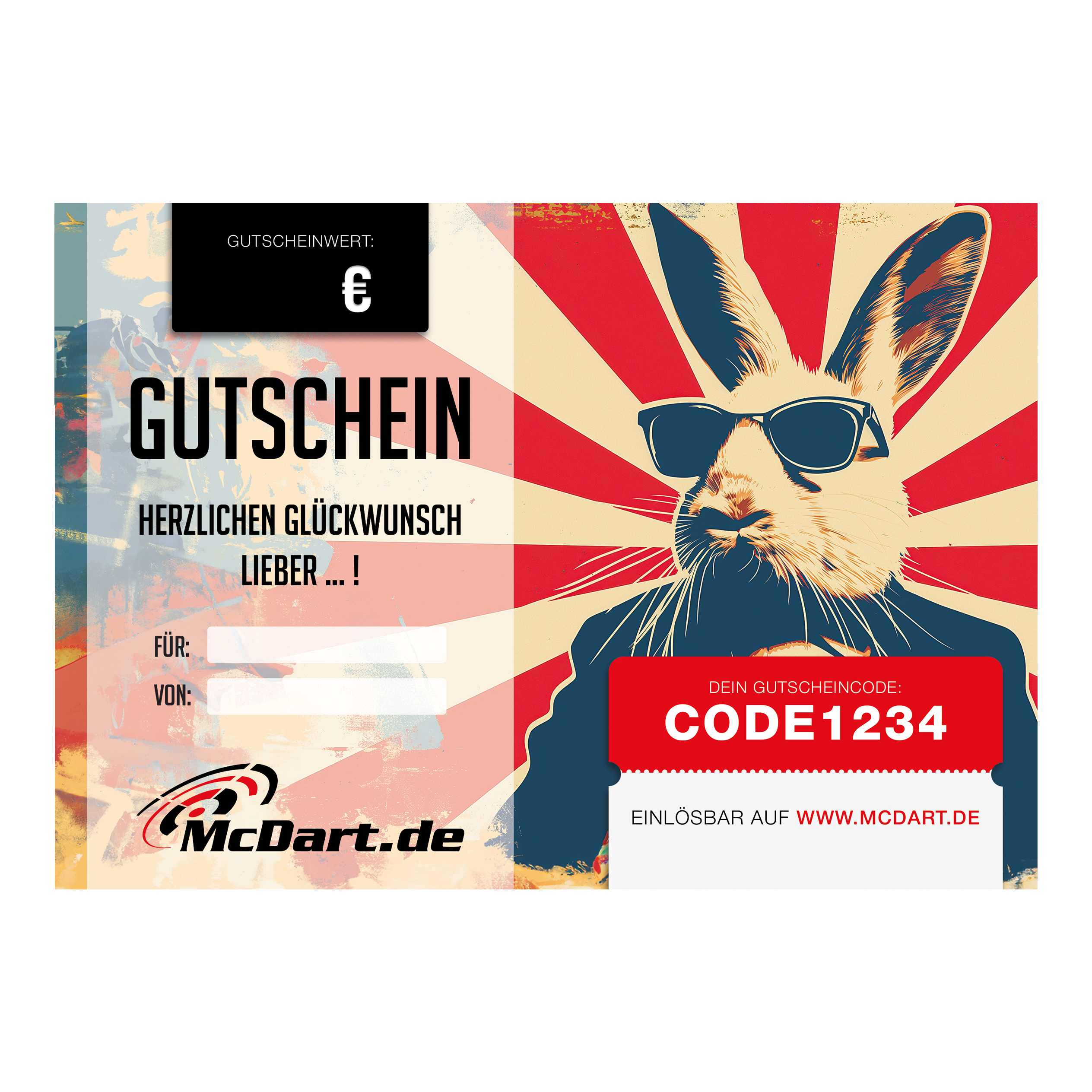 Paasvoucher Das Bild zeigt einen Oster-Gutschein von McDart.de mit einem coolen Hasen mit Sonnenbrille. In der Mitte steht „Gutschein“ und rechts ist ein Feld für den Gutscheincode.