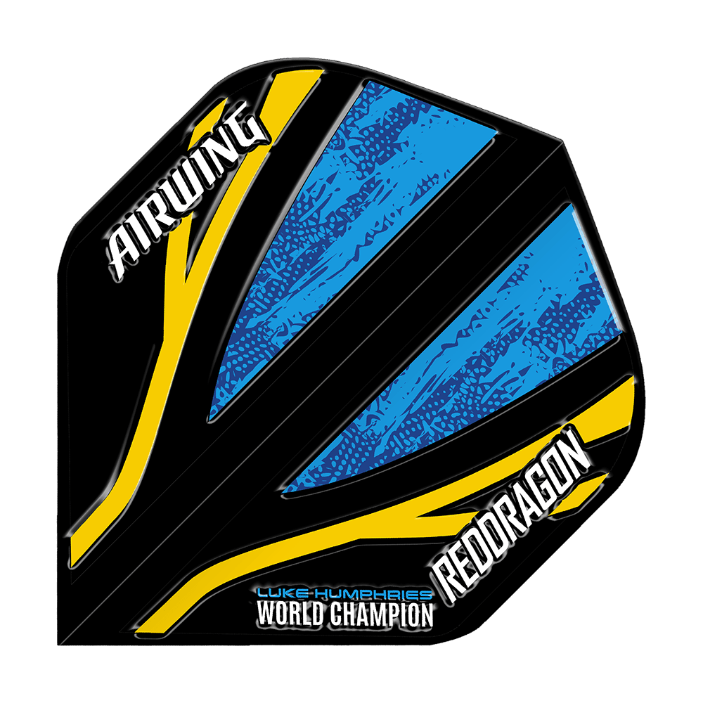 Red Dragon Airwing Luke Humphries Wereldkampioen Zwart Blauw Standaardvluchten Das Bild zeigt ein Dart-Flight mit schwarzem, blauem und gelbem Design. Auf dem Flight stehen die Wörter "AIRWING", "REDDRAGON" und "LUKE HUMPHRIES WORLD CHAMPION".
