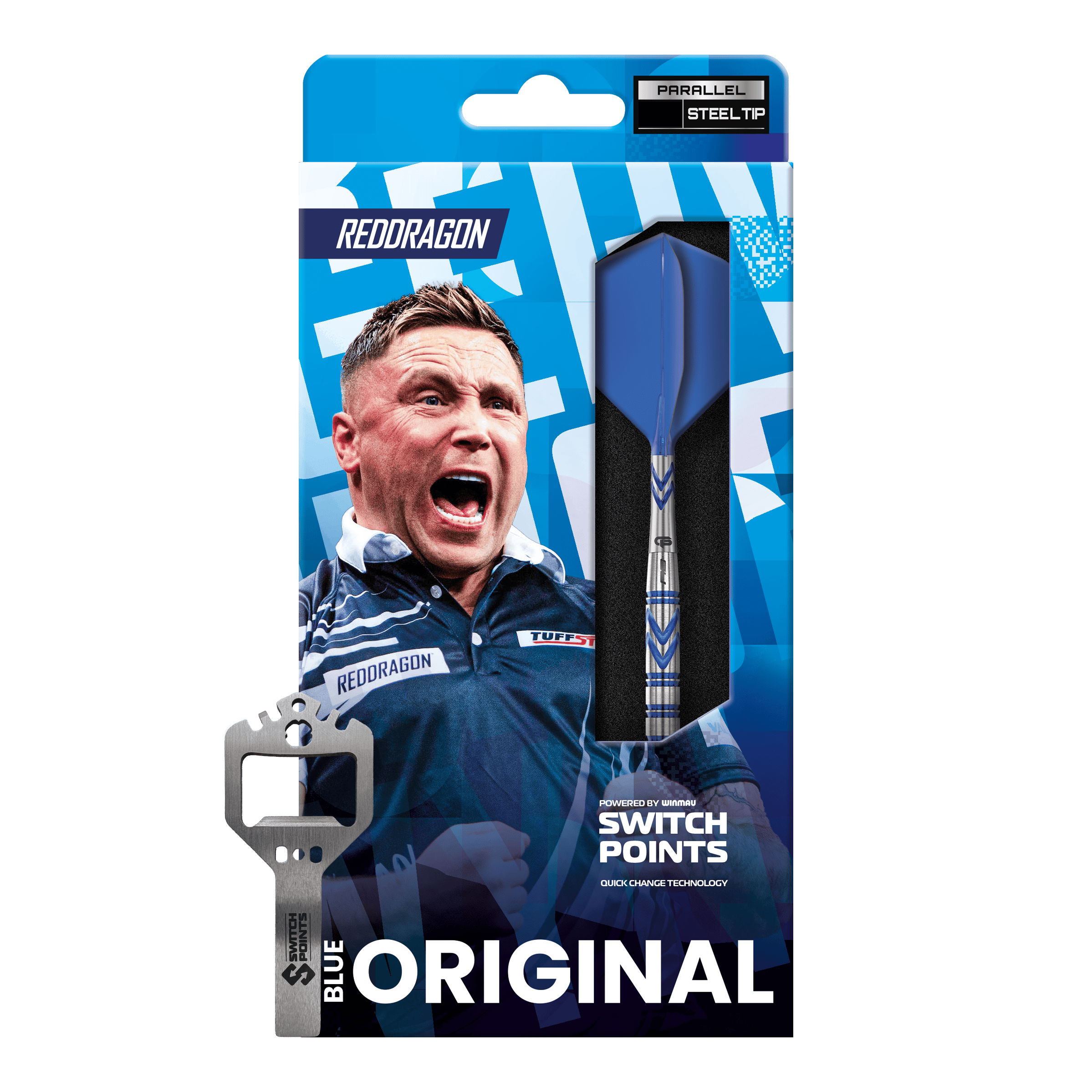 Gezeigt werden hier die Red Dragon Gerwyn Price Blue Original Switch Point Steeldarts. Das Modell bietet eine zuverlässige Handhabung und modernes Design.