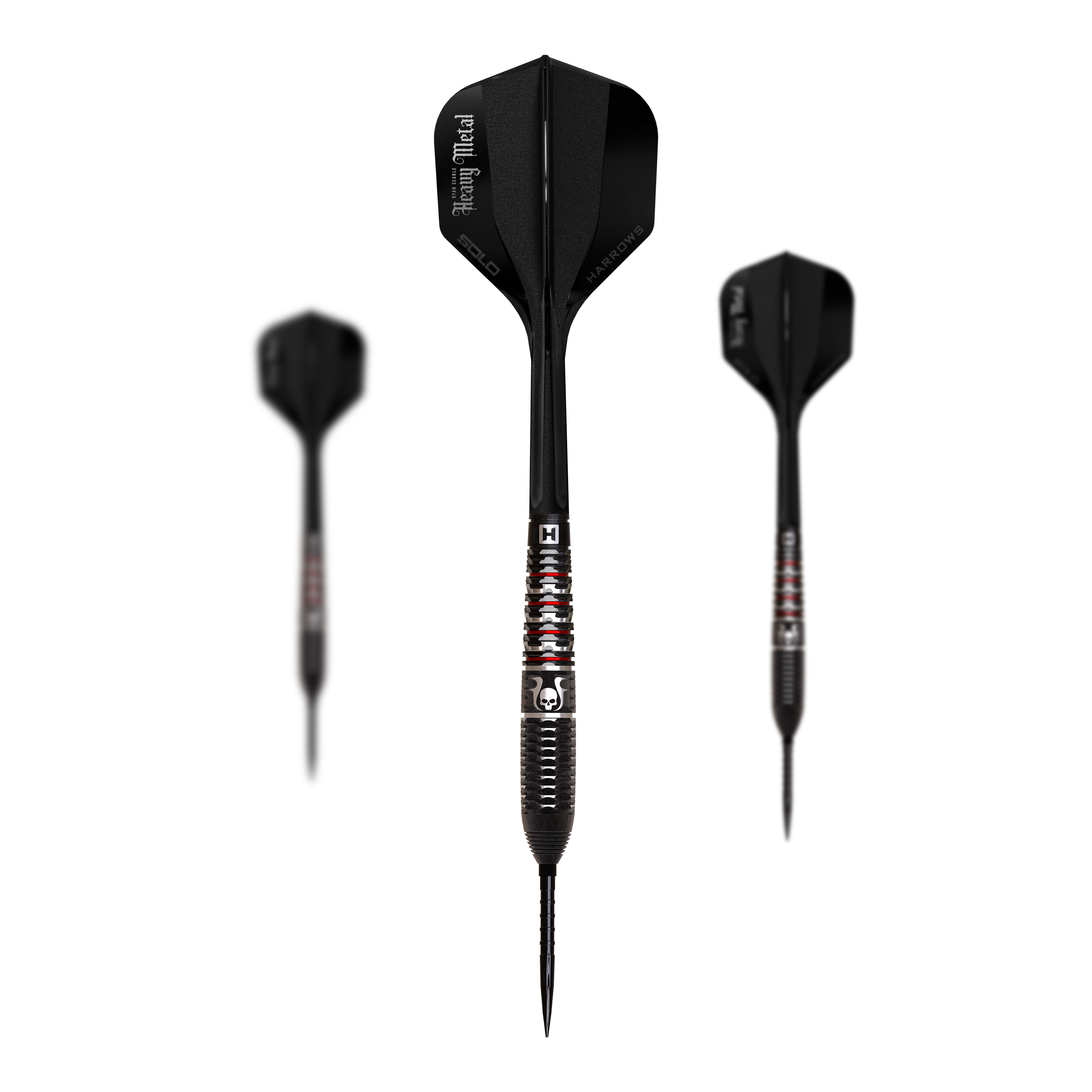 Ein Komplettset Steeldarts aus der Ryan Searle GEO QuickPoint Serie ist zu sehen. Die Darts glänzen in Silber und Grau.
