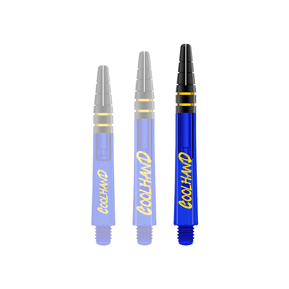 Red Dragon Nitrotech Luke Humphries Coolhand Shafts - Blauw Das Bild zeigt drei blaue Dartschäfte mit der gelben Aufschrift "COOLHAND". Die Spitzen der Schäfte sind schwarz mit goldenen Ringen verziert.
