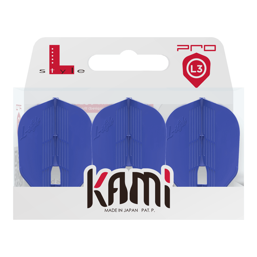 L-Style KAMI L3PRO-vluchten Das Bild zeigt eine Verpackung mit drei blauen Dart-Flights der Marke L-Style. Auf der Verpackung steht "kami" und "Made in Japan".