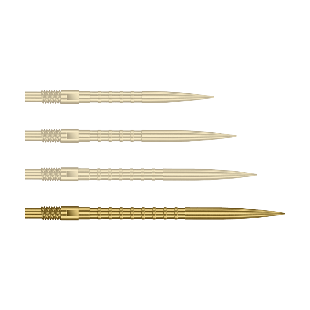Harrows Quick Point Heavy Metal Dartpunten - Goud Auf dem Bild ist eine einzelne Harrows Quick Point Heavy Metal Grip Dartspitze in Gold, 40 mm, zu sehen. Die Spitze liegt im Fokus vor hellem Hintergrund.