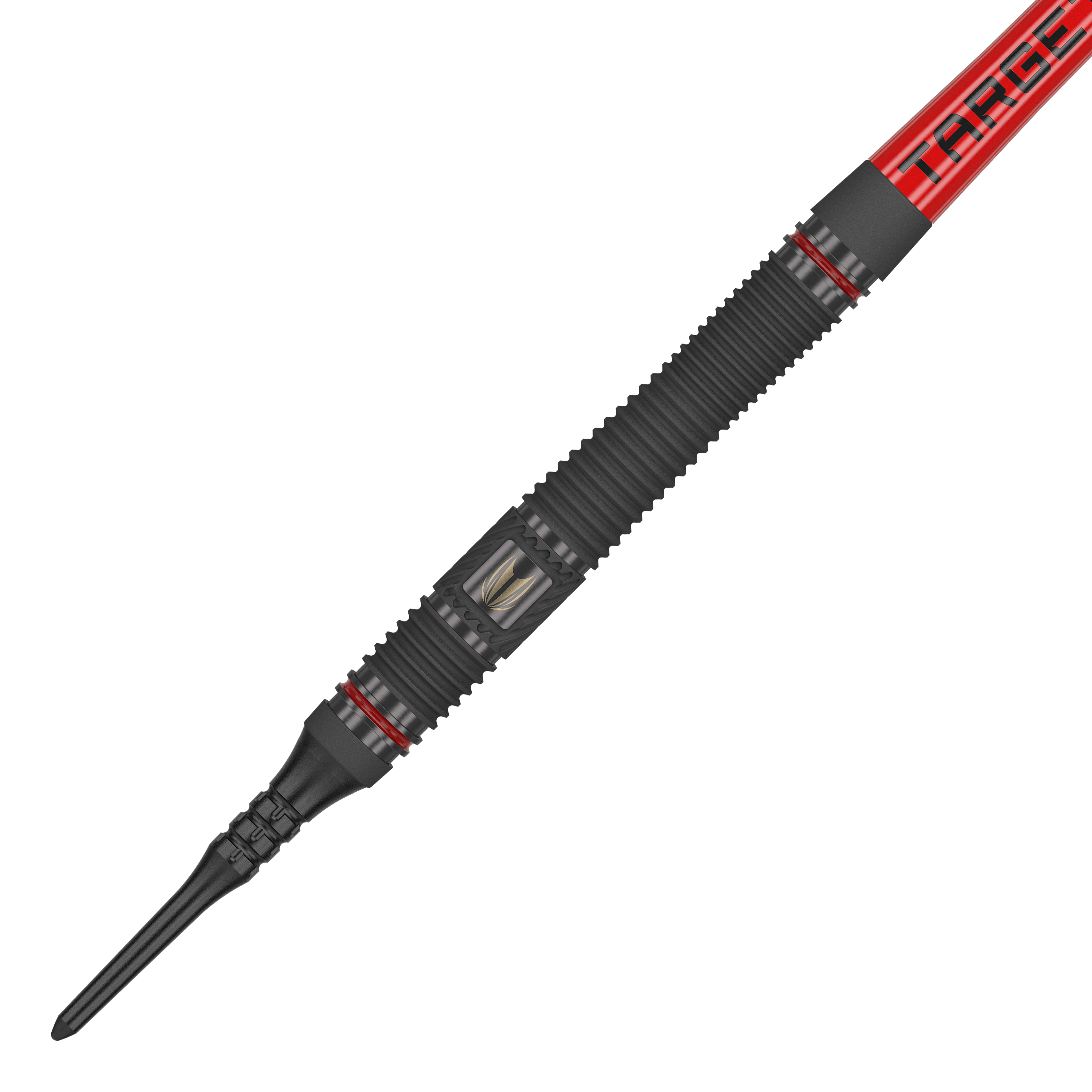 Target Scope 11 Zachte Darts Das Bild zeigt einen Target Scope 11 Softdart. Der Dartpfeil ist überwiegend schwarz mit roten Akzenten und einer geriffelten Oberfläche für besseren Halt.