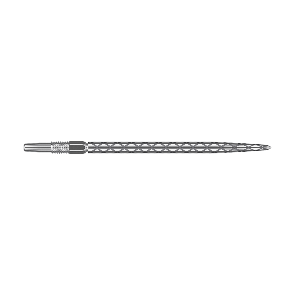 Target Swiss Diamond Pro Silver Points dartpunten Das Bild zeigt eine silberne Dartspitze mit einem rautenförmigen Muster auf der Oberfläche. Sie ist lang und schmal gestaltet und besitzt ein Schraubgewinde am hinteren Ende.