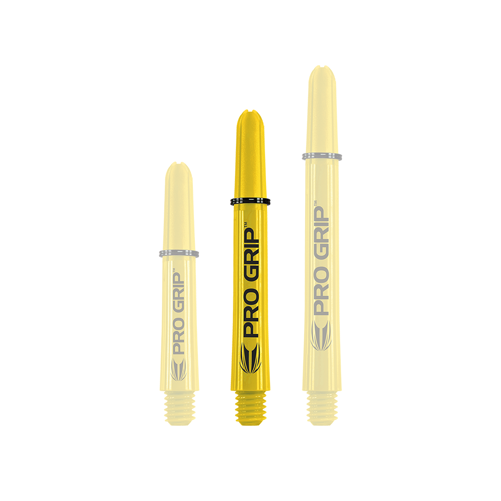 Target Pro Grip Shafts - 3 sets - Geel Auf dem Bild sind drei gelbe Dart-Schäfte der Marke "Pro Grip" in verschiedenen Längen zu sehen. Sie stehen aufrecht nebeneinander vor weißem Hintergrund.