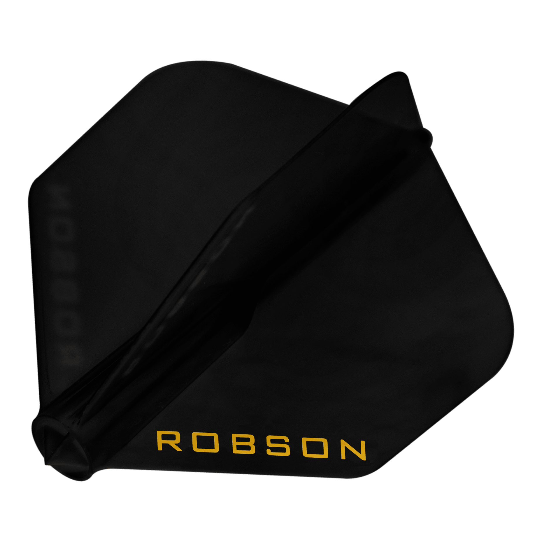 Robson Plus No6 Flights Das Bild zeigt einen schwarzen Dartflug. Auf dem Flug steht in gelber Schrift das Wort "ROBSON".