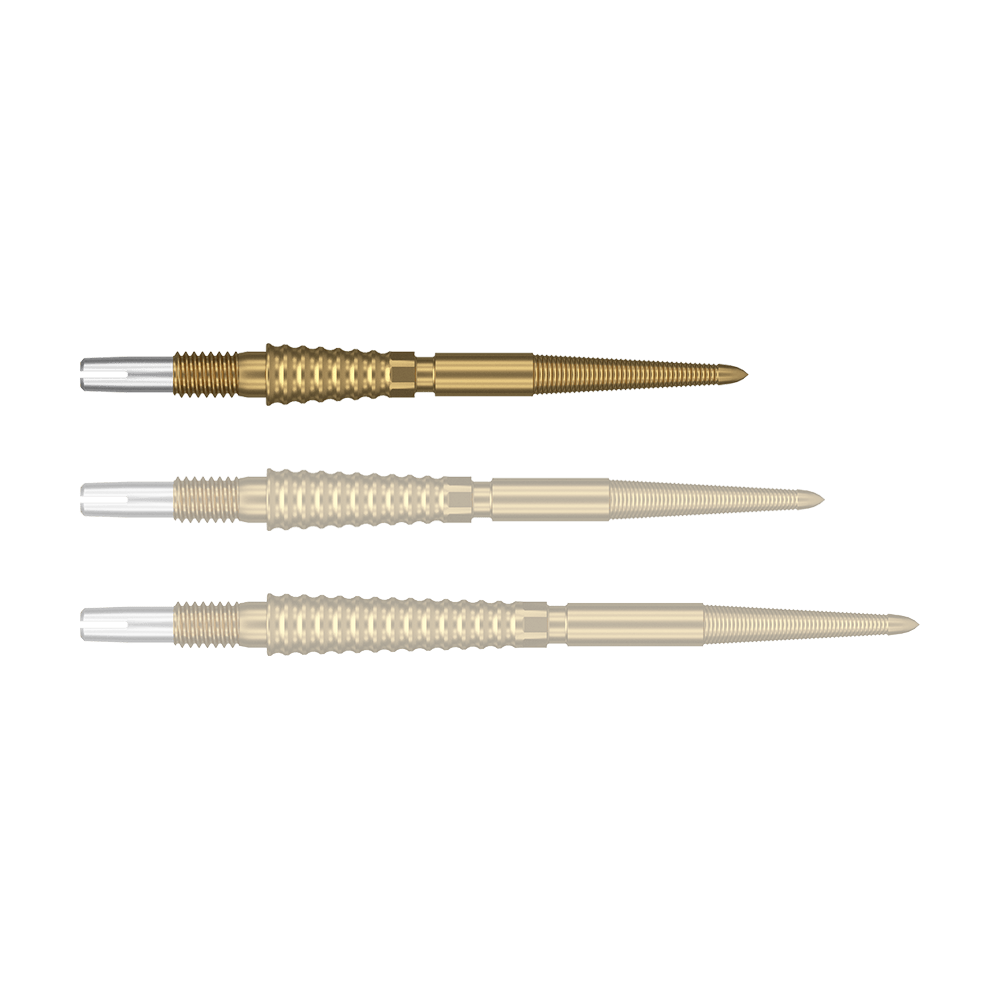 Target Swiss Storm LNC darttips - goud Das Bild zeigt drei goldene Dartspitzen, die nebeneinander angeordnet sind. Die Spitzen haben einen strukturierten Griffbereich und silberne Endstücke.