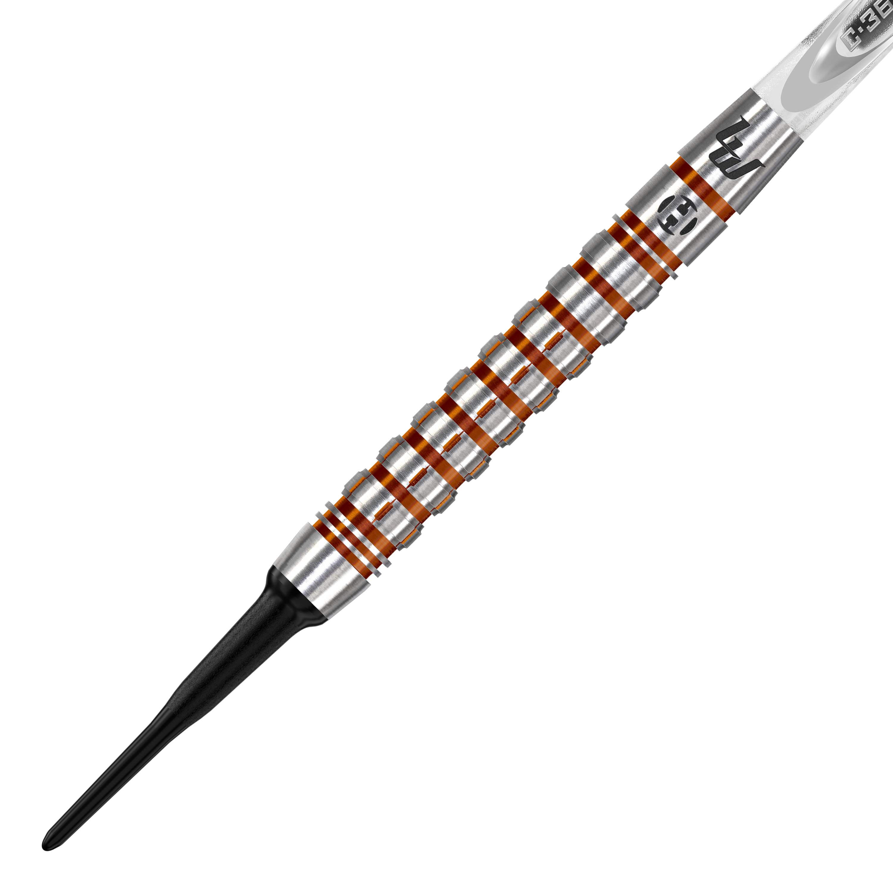 Harrow's Luke Woodhouse Series 2 Zachte Darts - 18g Das Bild zeigt einen Harrows Luke Woodhouse Series 2 Softdart mit einem Gewicht von 18g. Der Dart hat einen silbernen Griff mit auffälligen orangefarbenen Ringen und einer schwarzen Kunststoffspitze.