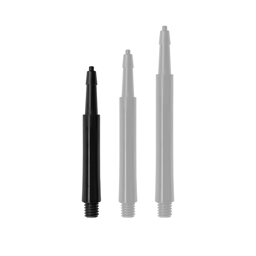 HRC12633_Harrows_Clic_Standard_Shafts_Schwarz_23mm_1DyyczFooaDhYX Das Bild zeigt drei schwarze Harrows Clic Standard Shafts in unterschiedlichen Längen. Sie werden als Zubehörteile für Dartpfeile verwendet.