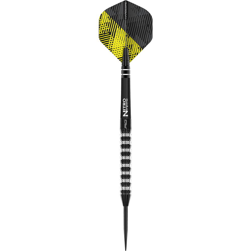 RD2532_Red_Dragon_Razor_Edge_Elite_Steeldarts_15VzTn98m8KE2P Auf dem Bild ist ein Steeldartpfeil zu sehen. Die Flights sind schwarz-gelb gemustert und der Schaft trägt die Aufschrift "Nitro".