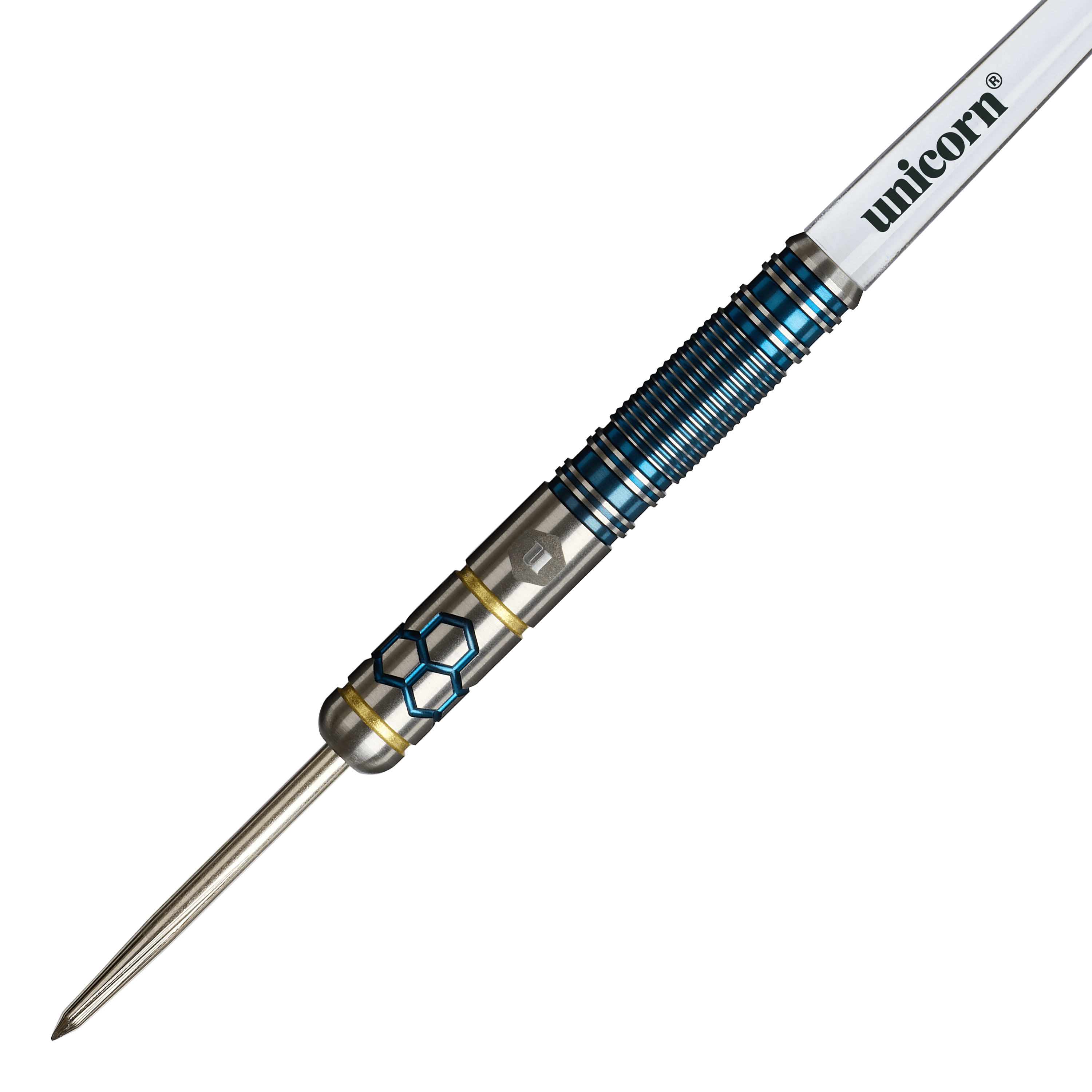 Unicorn Hexium Style 02 Blauw & Goud Steeldarts Hier sind die Unicorn Hexium Style 02 Blue & Gold Steeldarts zu sehen. Das Produkt überzeugt durch sein modernes Design.