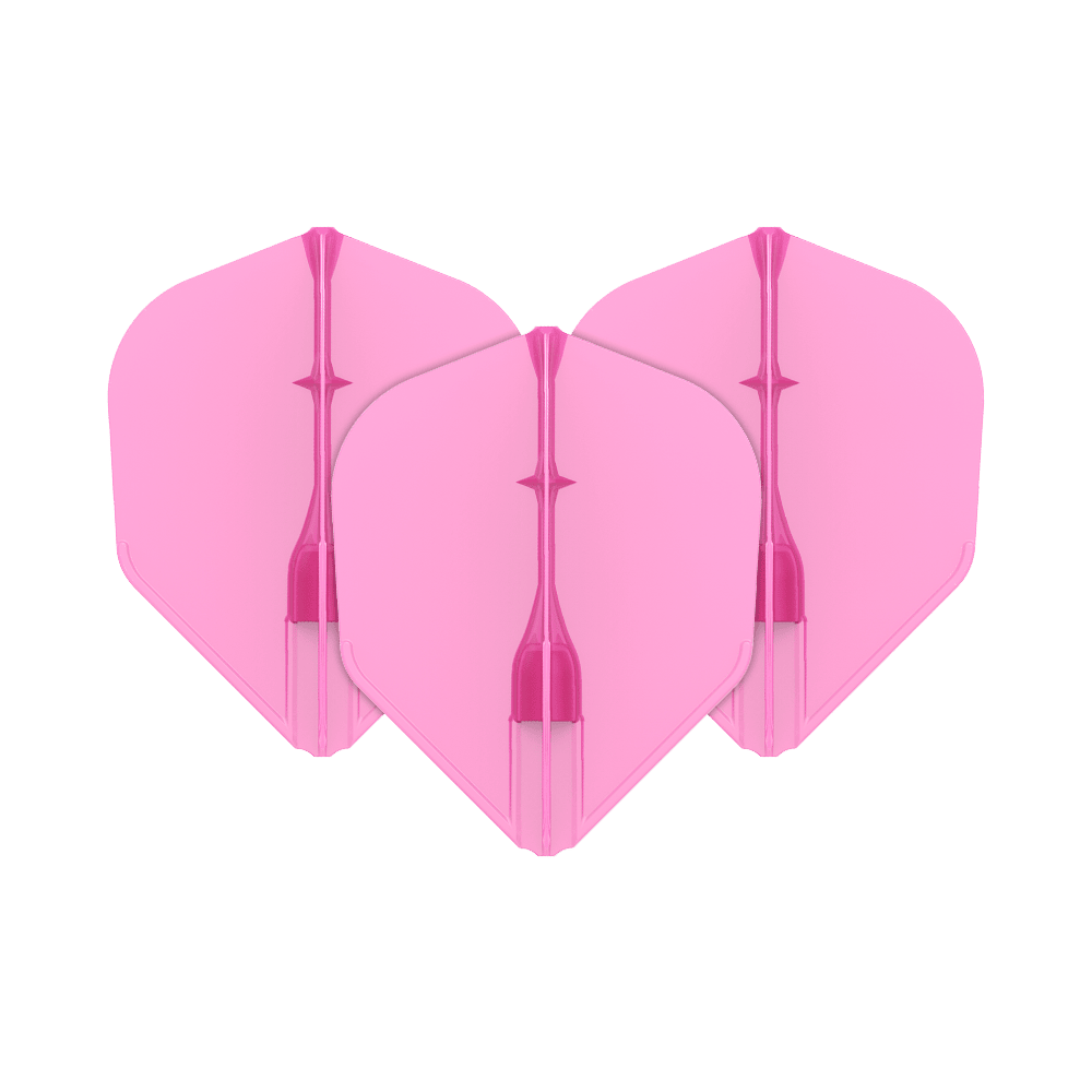 L-L-Style3EZ-vluchten Das Bild zeigt drei pinke Dartflights, die nebeneinander angeordnet sind. Sie haben eine standardisierte, rautenähnliche Form und sind einheitlich gefärbt.