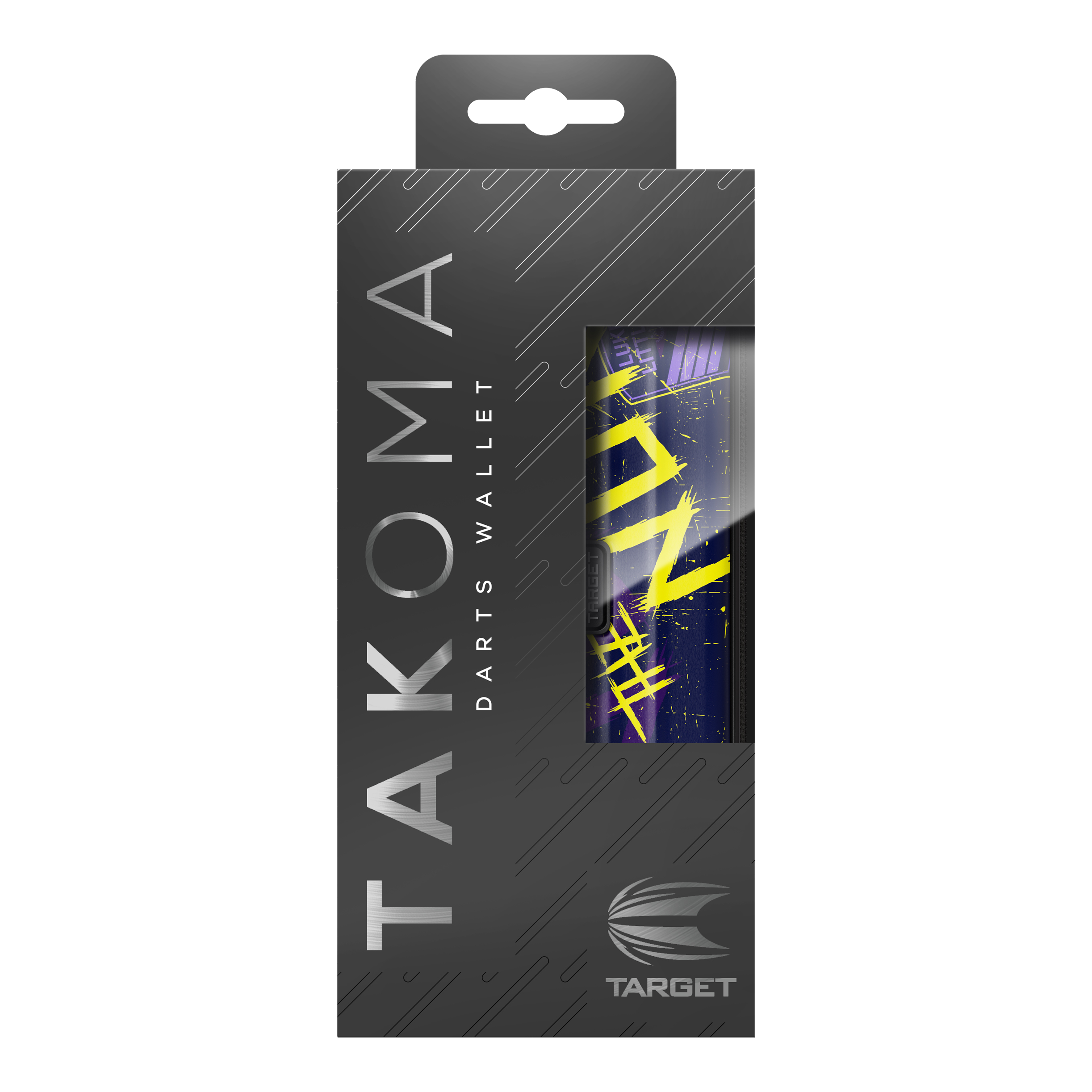 Target Takoma Luke Littler dartkoffer Die Abbildung zeigt die Verpackung des "Target Takoma Luke Littler Dartcase". Die Schachtel ist überwiegend schwarz mit silberner Schrift und einem Sichtfenster, das einen Teil des Dartcase-Designs zeigt.