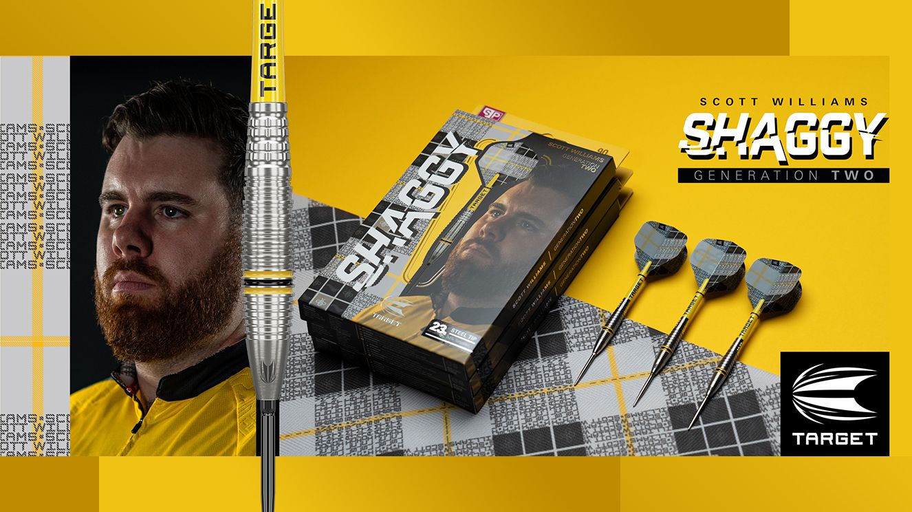 Das Bild zeigt eine Werbegrafik für die Shaggy Generation Two Darts von Scott Williams. Auf der rechten Seite sieht man die Darts, ihre Verpackung und das Target-Logo, während links ein Portrait von Scott Williams zu sehen ist.