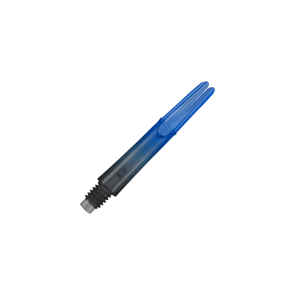 L-L-Style-Shaft Locked Straight Natural9 TwoTone Shafts - Blauw Auf dem Bild ist ein blauer, transparenter Dart-Schaft zu sehen. Der Schaft hat ein gerades Design und ein schwarzes Gewinde am unteren Ende.