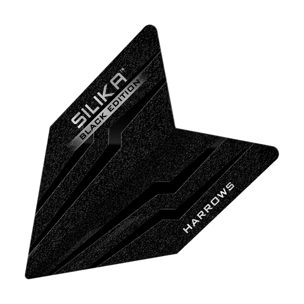 Harrows Silika Black Edition Velos Flights Das Bild zeigt ein schwarzes Dartflight mit dem Namen "Harrows Silika Black-Edition Velos Flights". Auf dem Flight stehen die Wörter "SILIKA BLACK EDITION" und "HARROWS" in weißen Buchstaben.