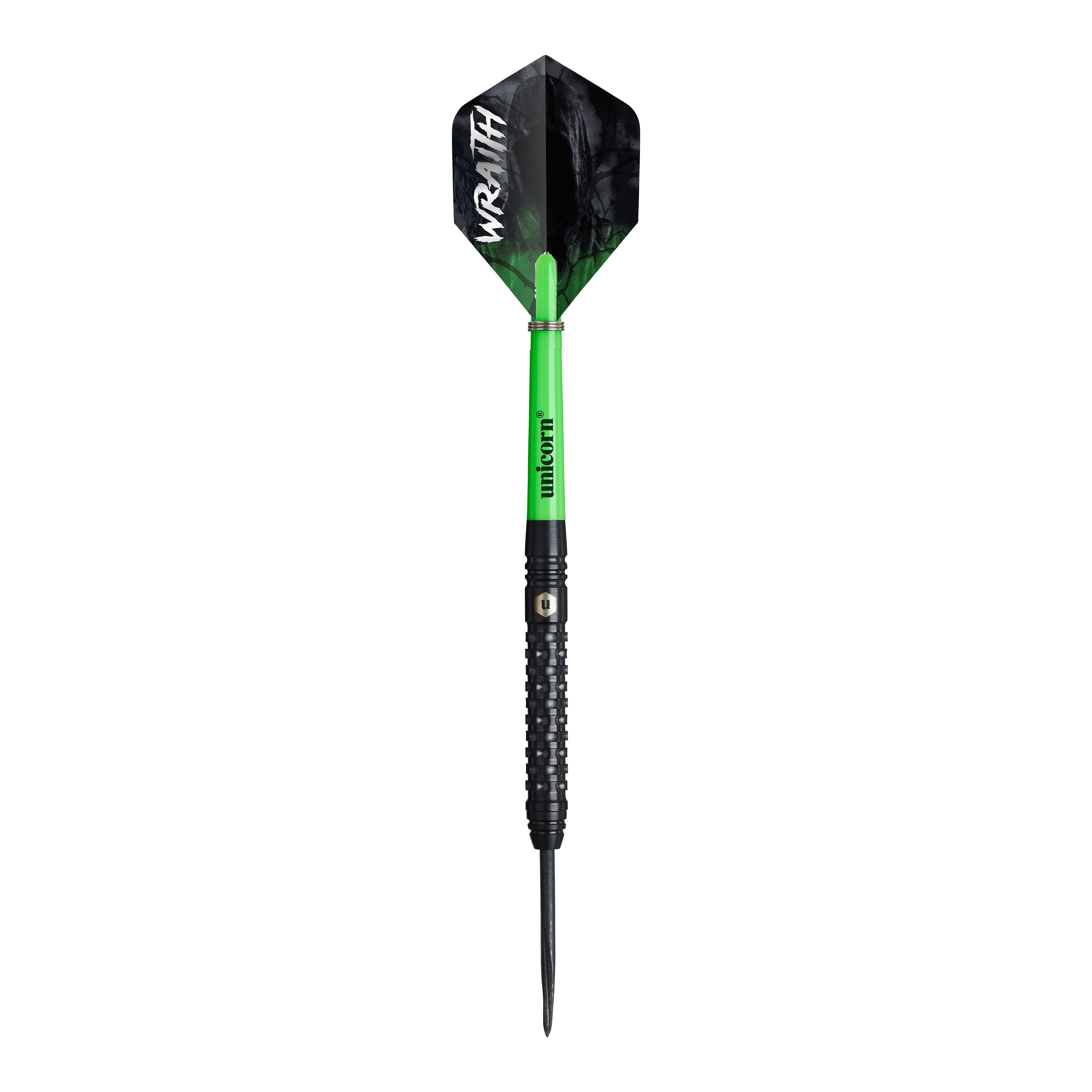 Unicorn Wraith stalen darts Das Bild zeigt einen Steeldart namens "Unicorn Wraith". Der Dart hat einen grünen Schaft, einen schwarzen Griff und eine schwarze Flight mit der weißen Aufschrift „WRAITH“.