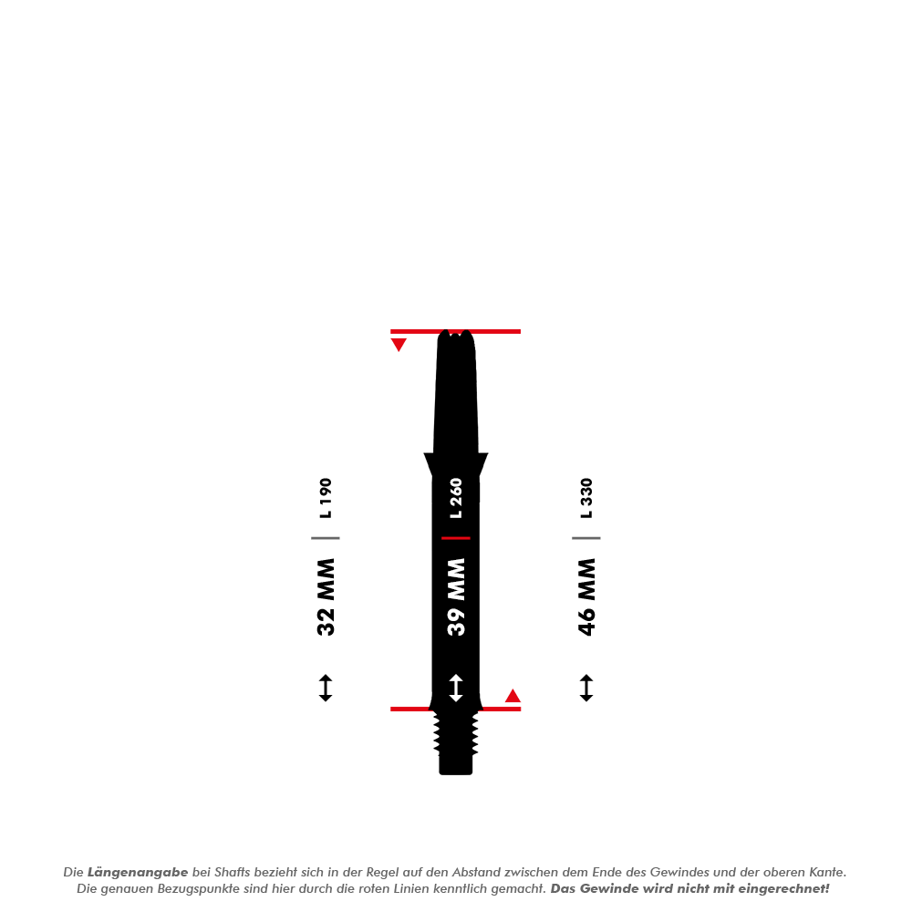 L-L-Style-assen Silent Straight - Zwart Das Bild zeigt einen schwarzen Dart-Schaft mit verschiedenen Längenangaben in Millimetern. Die Hauptlänge des Schafts beträgt 39 mm, gemessen zwischen den markierten roten Linien.