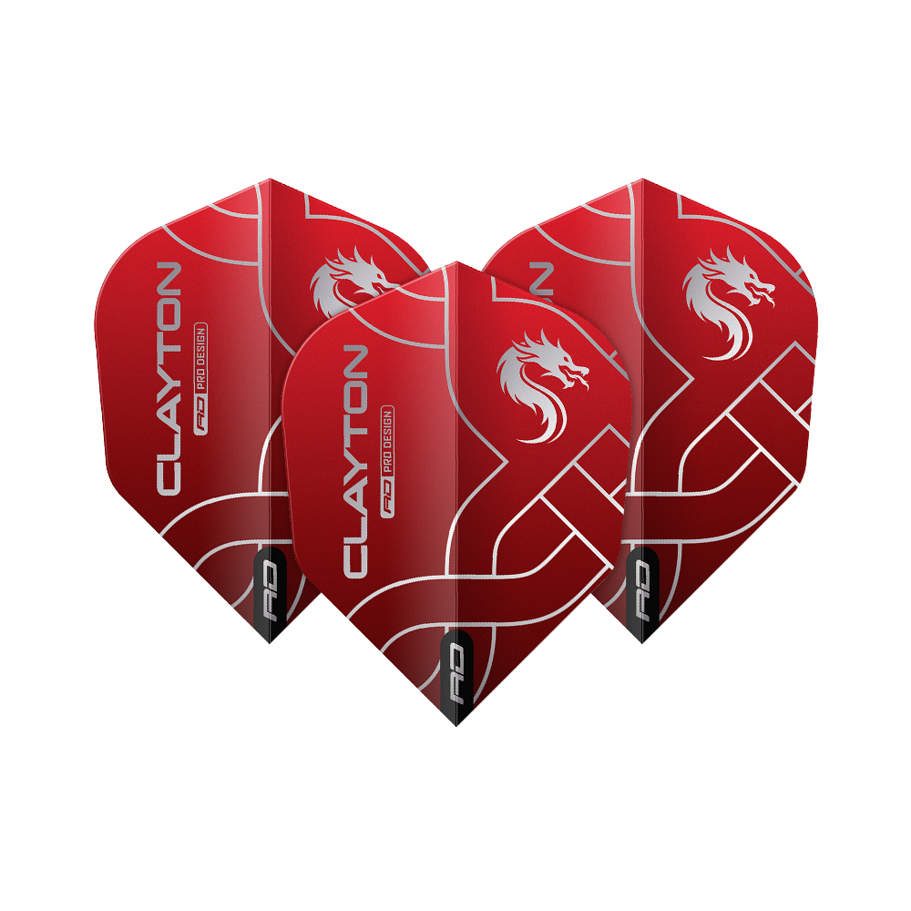 Red Dragon Jonny Clayon Red Silver No6 Flights Das Bild zeigt drei rote Dart-Flights mit silbernen Linien und einem weißen Drachenmotiv. Auf den Flights steht "CLAYTON" und "RD PRO DESIGN".