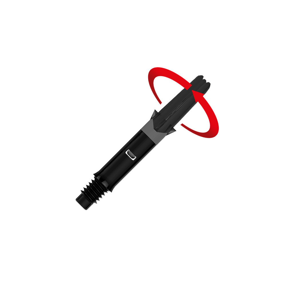 L-L-Style-Shafts Silent Straight - Zwart Das Bild zeigt einen schwarzen Dart-Schaft ohne Kappen. Ein roter Pfeil deutet eine Drehbewegung am oberen Ende des Schafts an.
