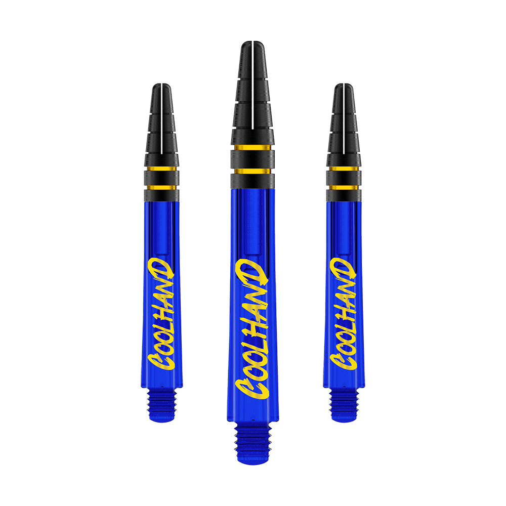 Red Dragon Nitrotech Luke Humphries Coolhand Shafts - Blauw Das Bild zeigt drei blaue Dartschäfte mit der gelben Aufschrift "COOLHAND". Die Schäfte haben schwarze und goldene Ringe am oberen Ende.