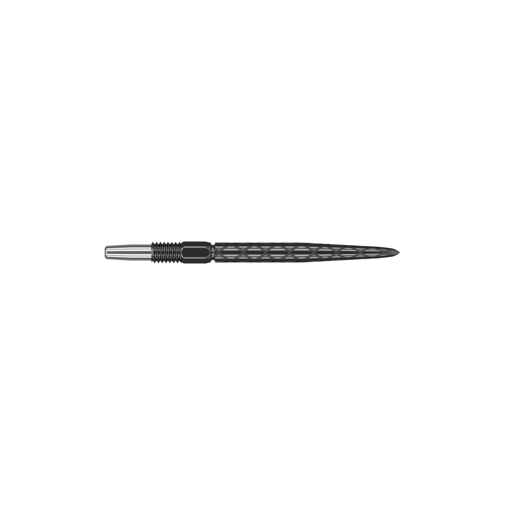 Target Swiss Diamond Pro Black Points dartpunten Dies ist eine schwarze Dartspitze mit einem diamantförmigen Muster. Sie ist vorne spitz zulaufend und hat eine silberne Befestigung am hinteren Ende.