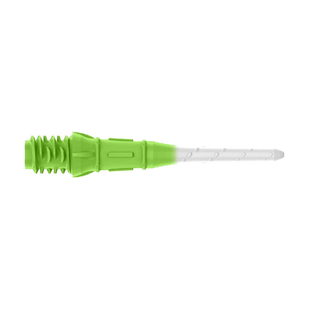 L-Style Premium Two Tone Lippoints (verpakking van 30) Das Bild zeigt eine zweifarbige Dartspitze, die grün und weiß ist. Der hintere Teil ist grün und der vordere Teil ist weiß.
