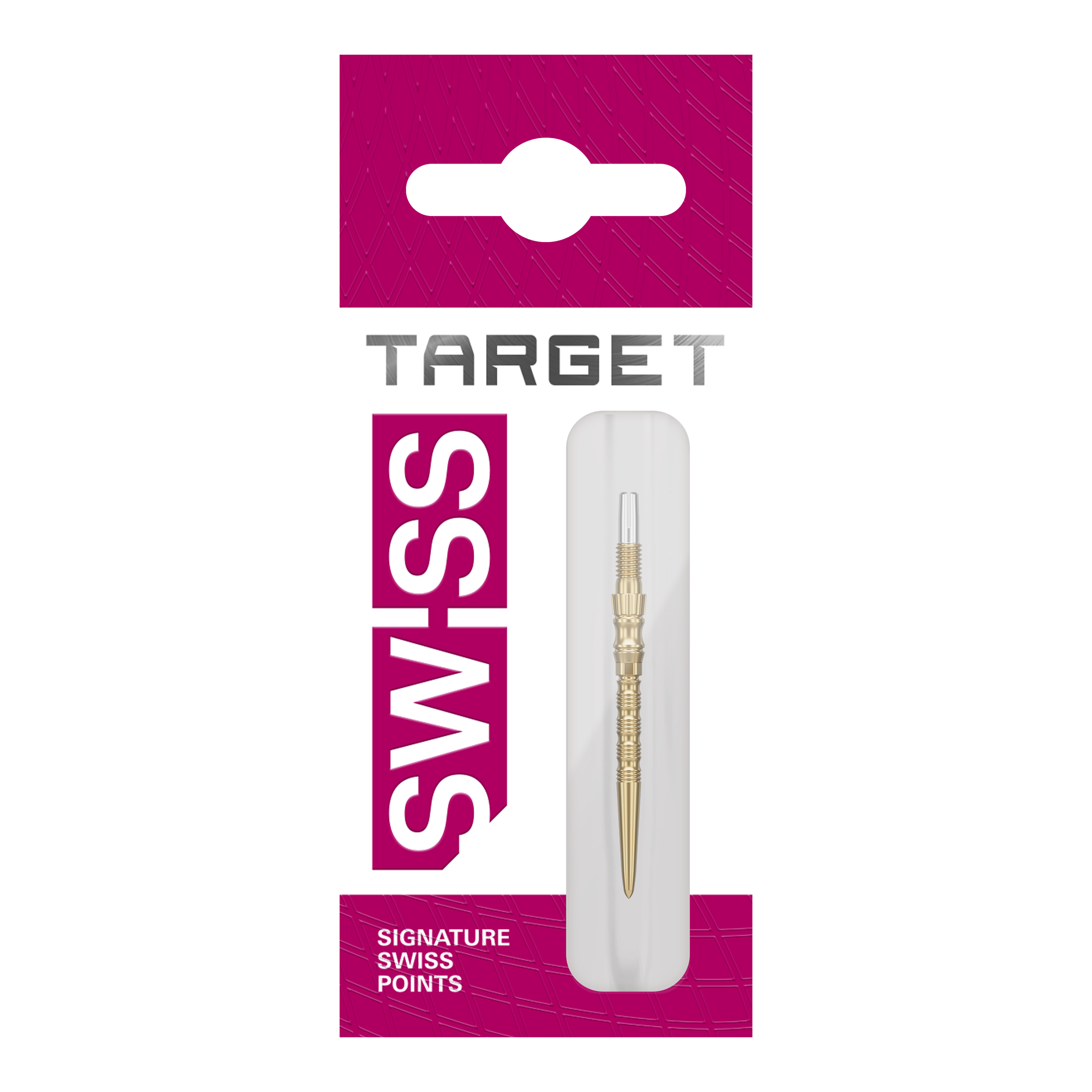 Target Signature Swiss Point TRB stalen dartpunten - goud Drei goldene Target SwissPoint Signature TRB Dartspitzen mit 30mm Länge werden dargestellt. Die Spitzen liegen nebeneinander.