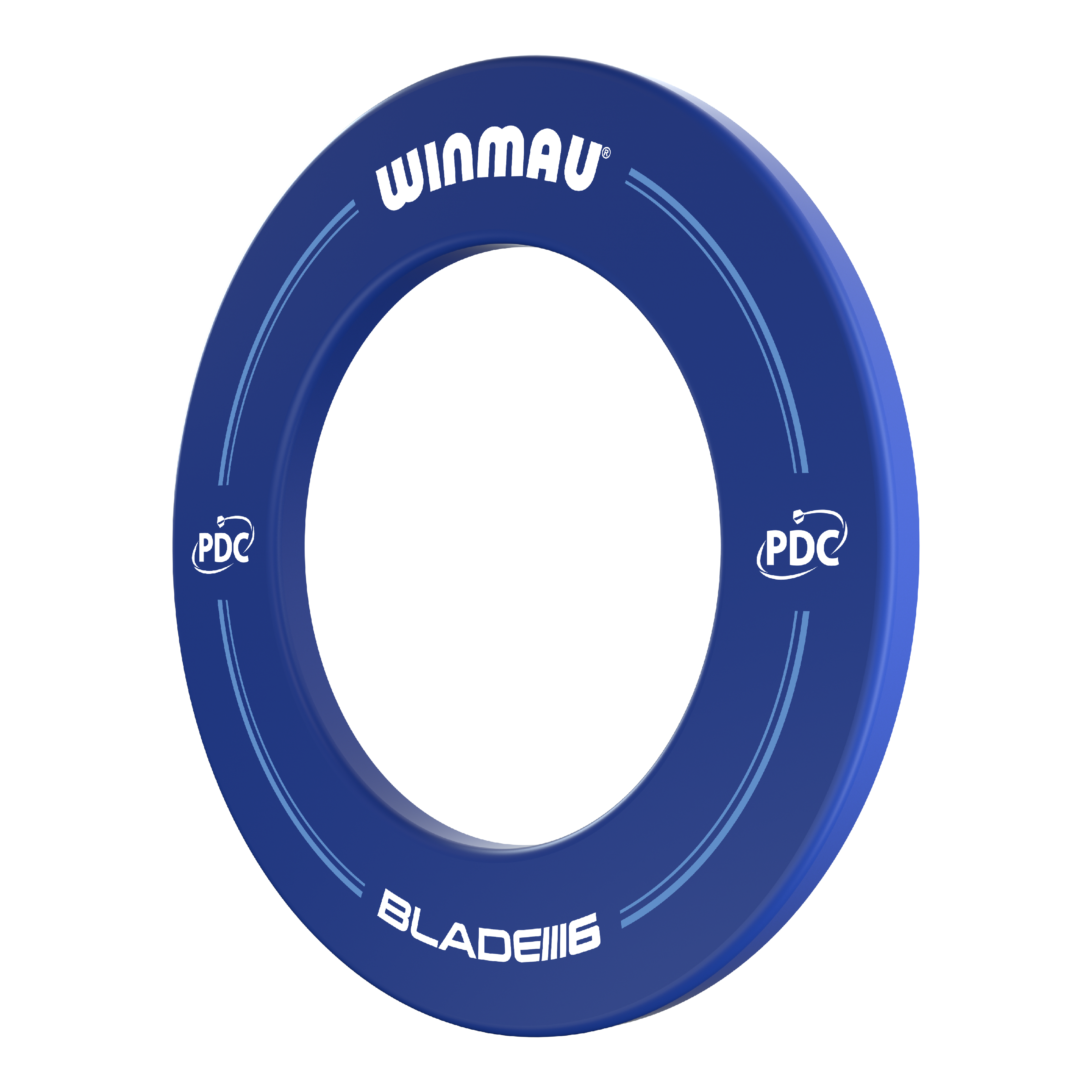 Das Bild zeigt einen blauen Dartboard-Surround der Marke Winmau mit der Aufschrift "PDC" und "Blade 6". Er schützt die Wand rund um die Dartscheibe vor Treffern.