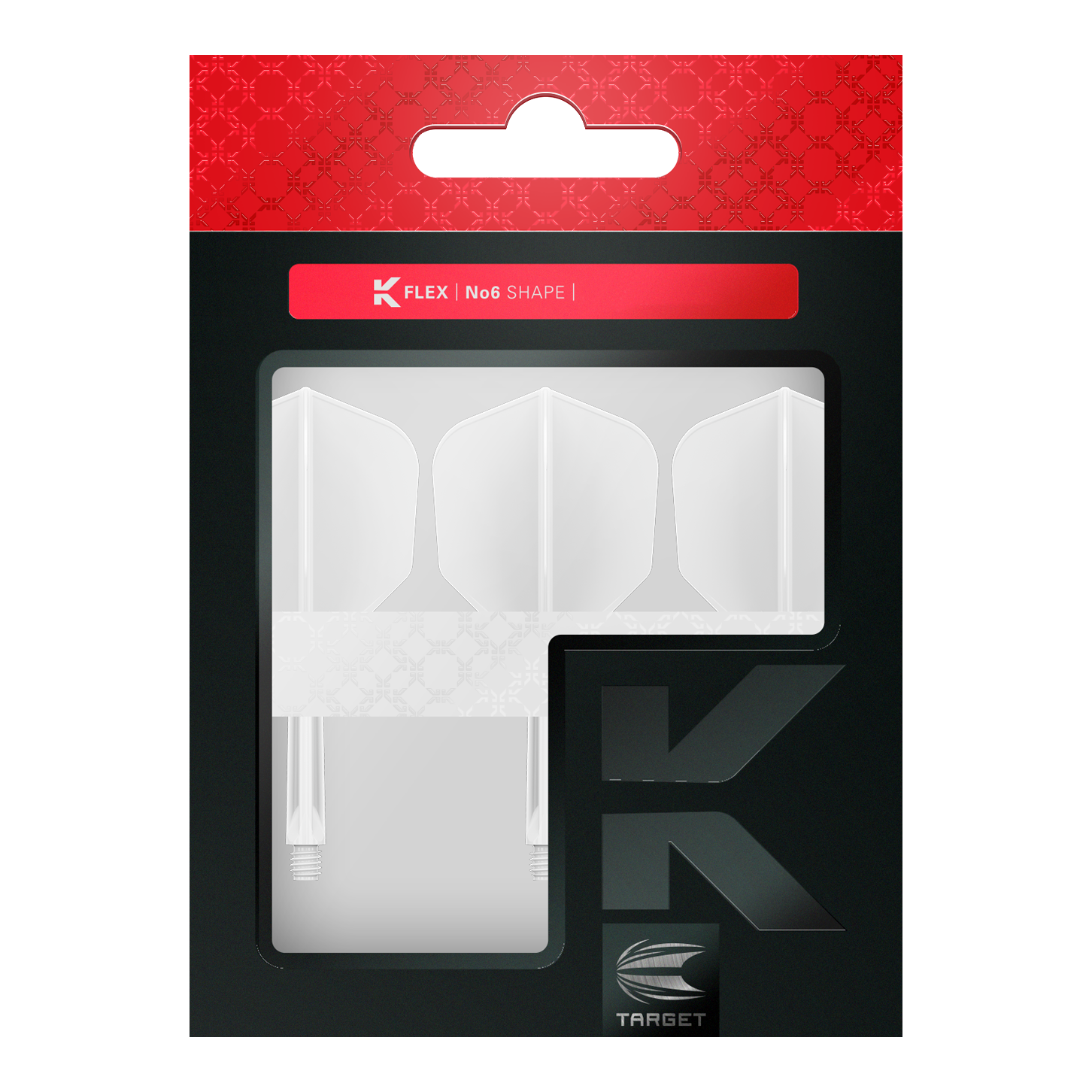 Target K-Flex No6 Vluchtsysteem - Wit Das Bild zeigt eine Verpackung mit drei weißen Dartflights im No6-Format der Marke Target. Die Verpackung ist überwiegend schwarz mit einem roten oberen Bereich und einem Sichtfenster für die Flights.